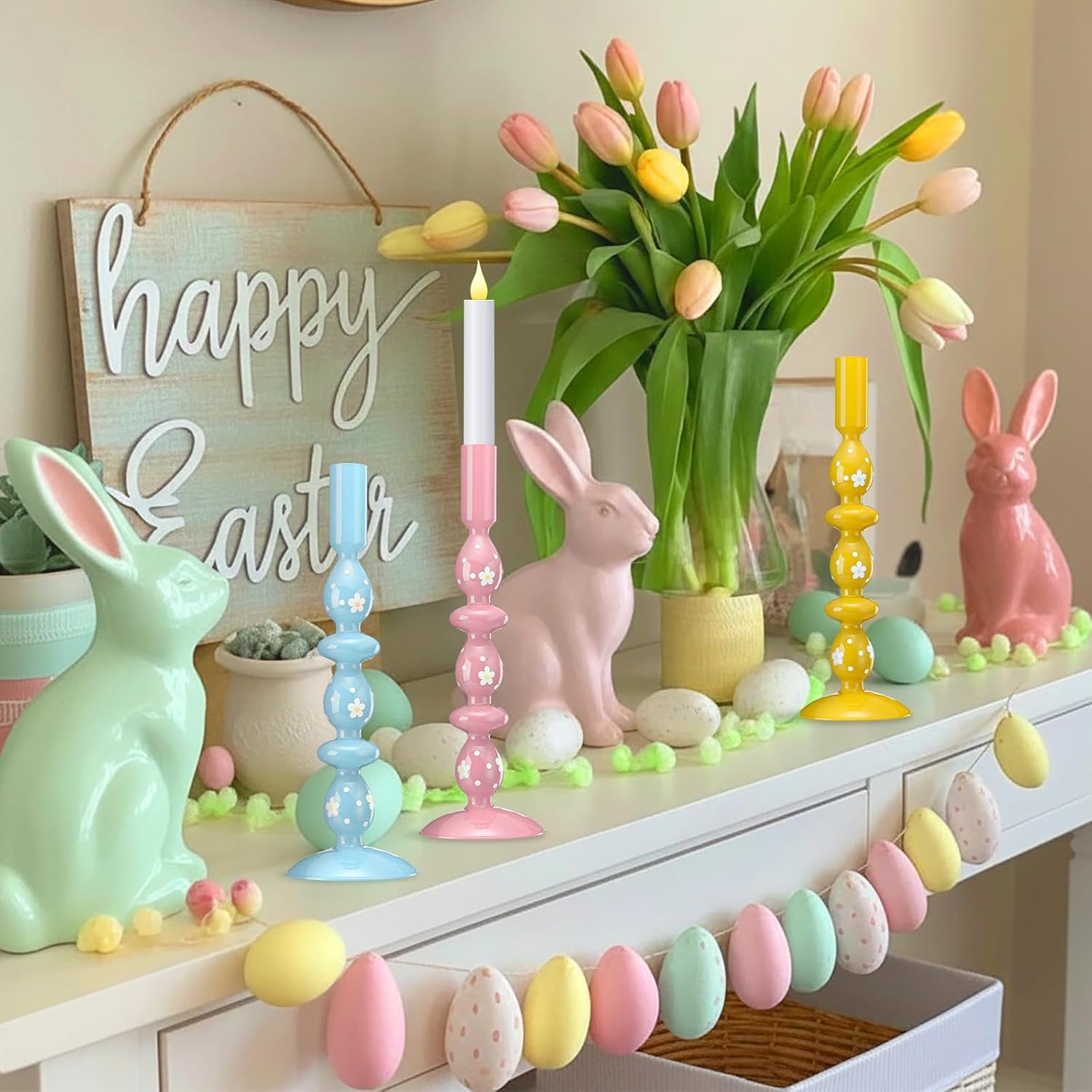 3 Pcs Pastel Easter Glass Candle Holders Set Spring Daisy Egg Taper Candlestick Holders for Spring Easter Home Table Centerpieces Fireplace Mantle Dining Decorations Holiday Office Home Gift