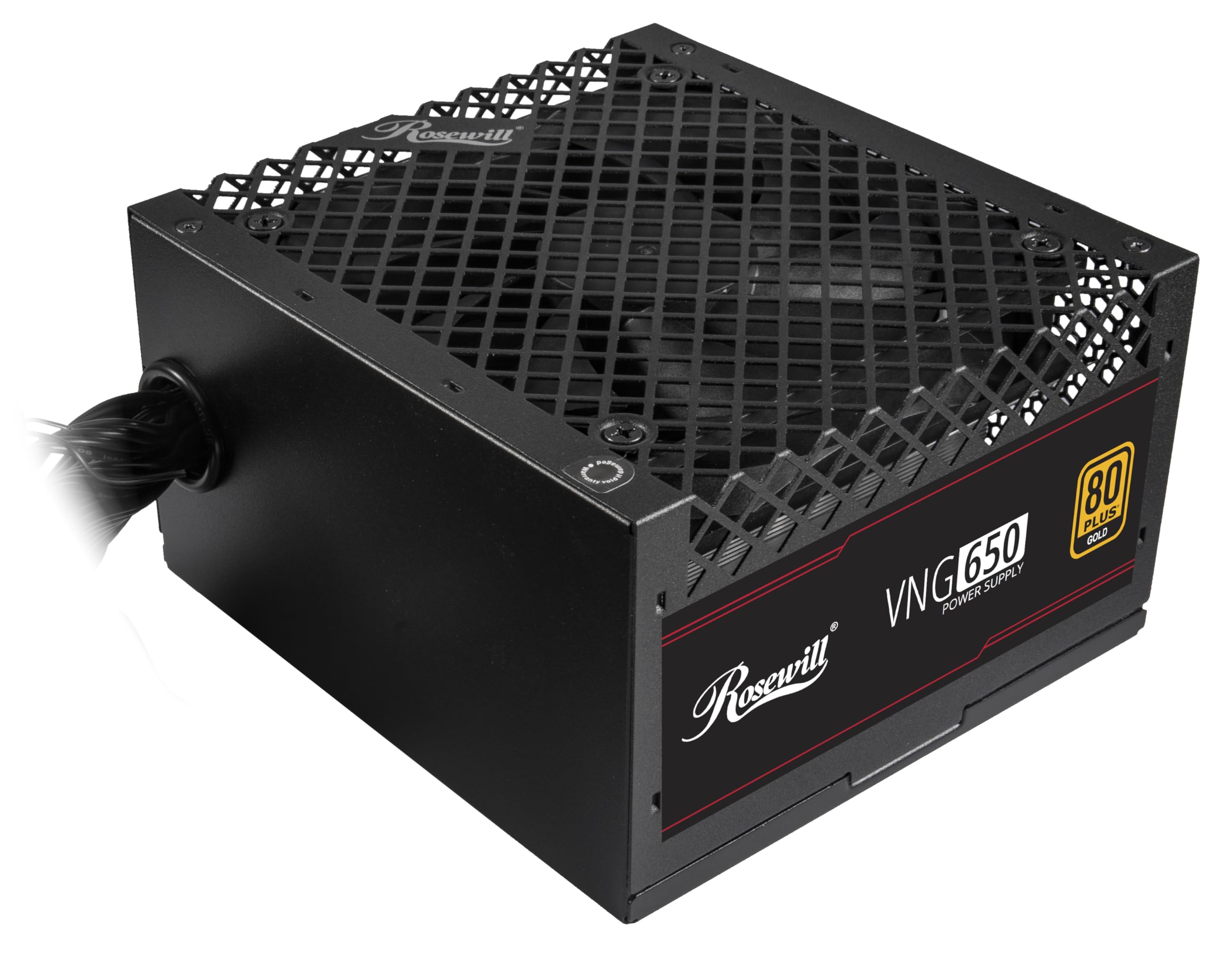 En angle view of the Rosewill VNG 650W Power Supply, showing the fan grill and branding.
