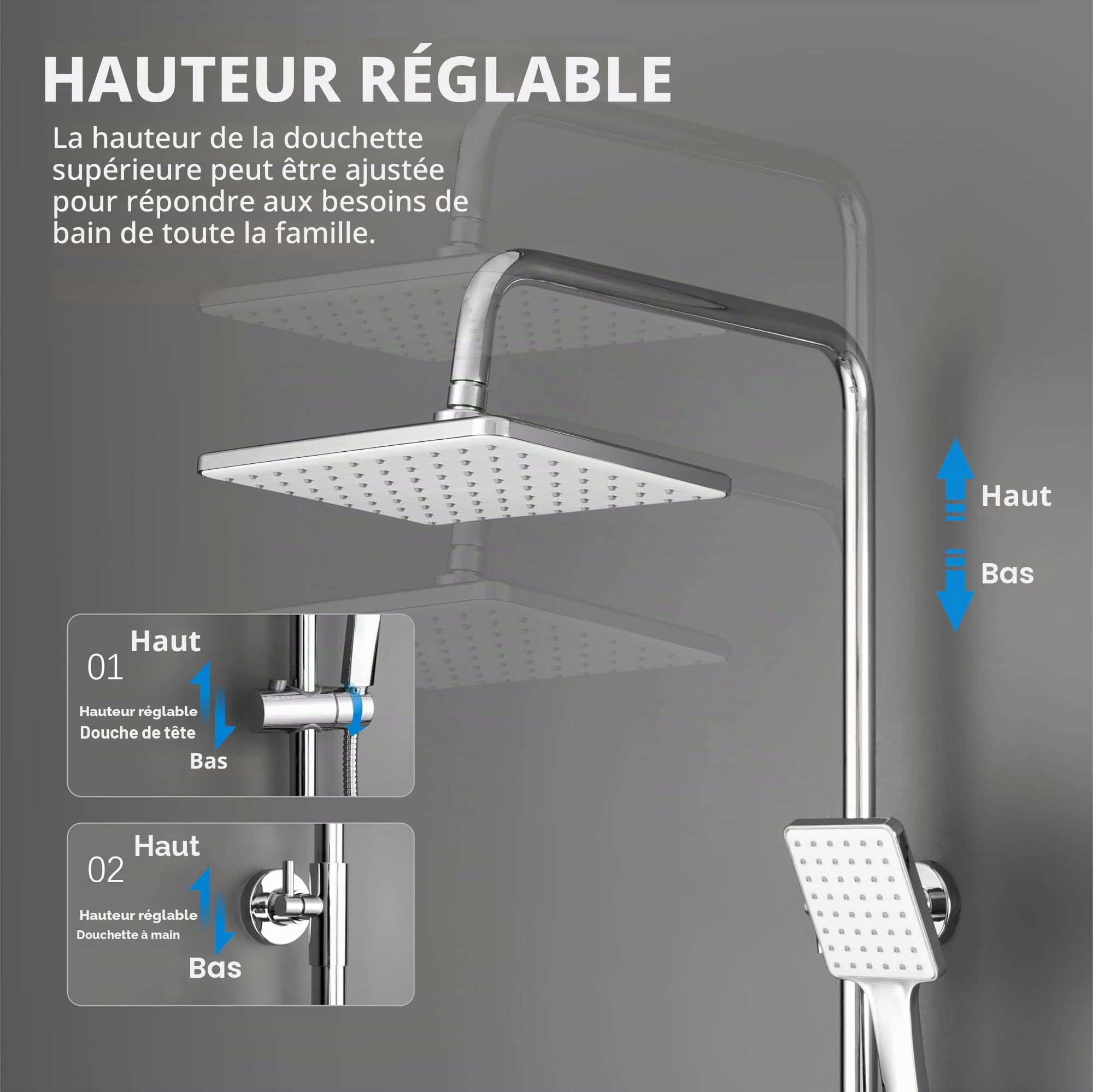 KOMIRO Colonne de Douche Thermostatique, Colonne de Douche avec Mitigeur, Hauteur Réglable, 26 x 19 cm Douche de Tête, Ensemble de Douche pour Salle de Bain, Carré, Chromé