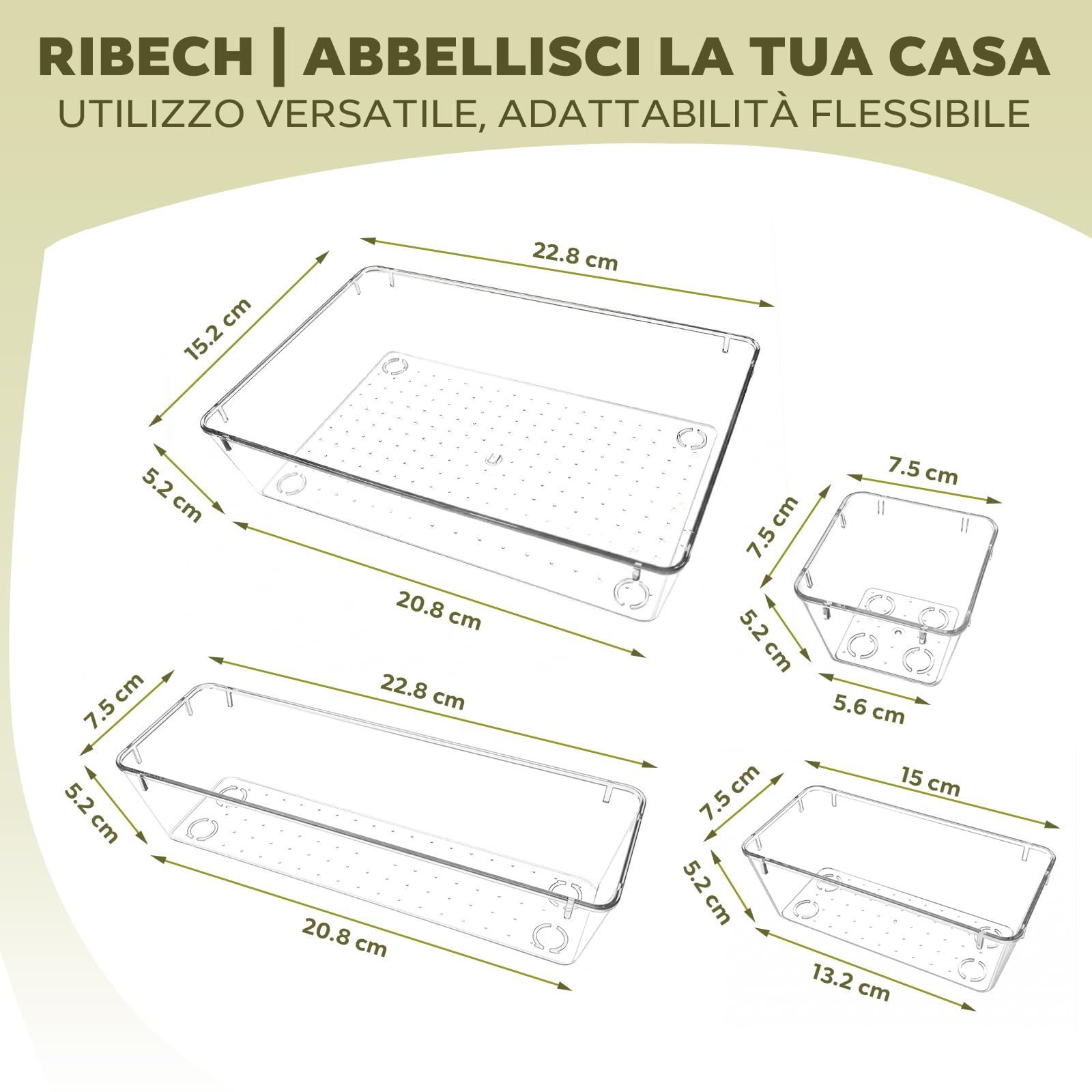 Set da 44 Scatole Organizzatrici per Cassetti, 4 Misure con Punti Antiscivolo, Organizer Impilabile Trasparente per Trucchi, Cucina, Bagno e Ufficio