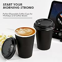 Vista 9 de RACETOP Tazas de café de papel de 12 onzas, paquete de 100 tazas de café desechables negras con tapas, tazas de papel caliente con tapas, taza