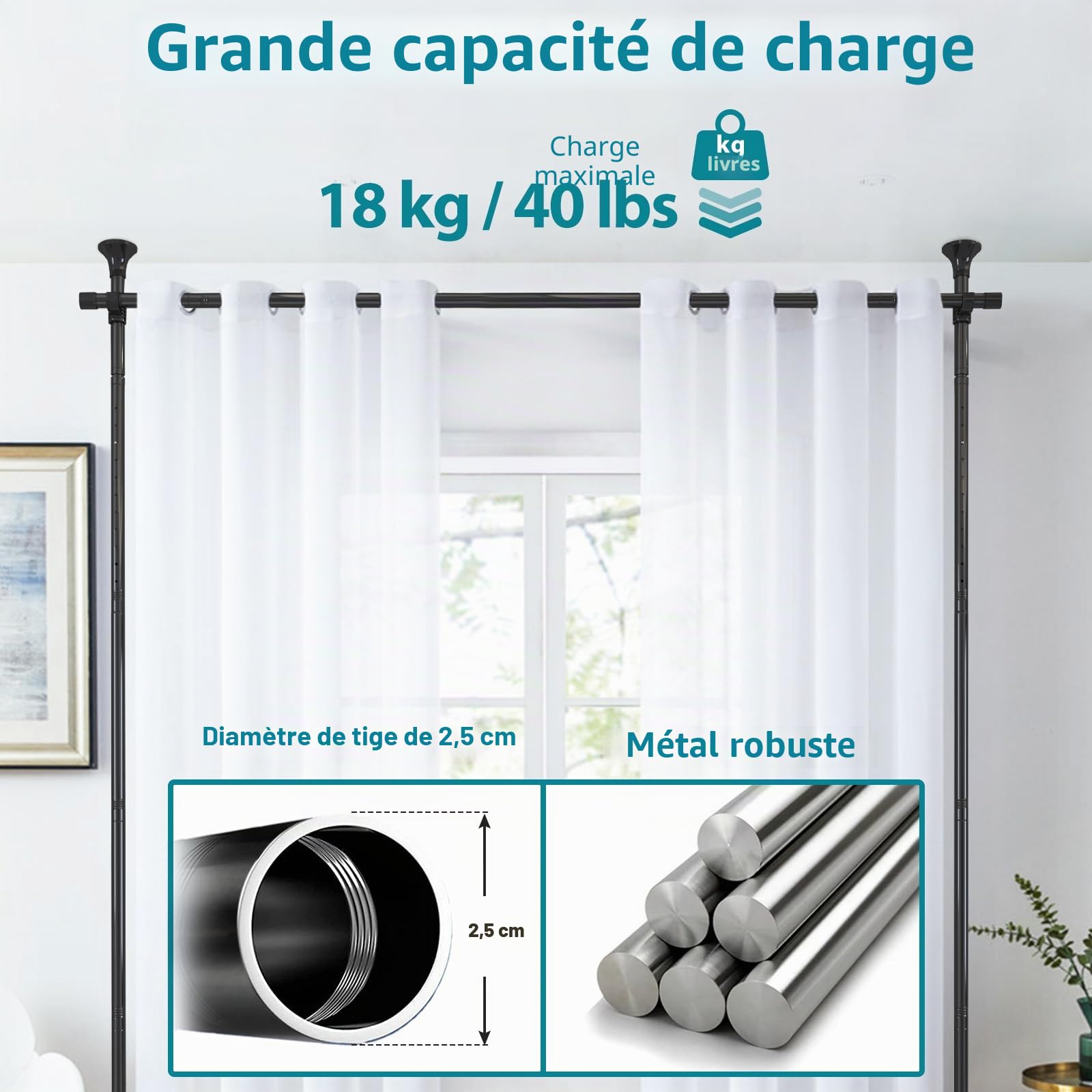 DEROFIT Séparateur de pièce, tringle à rideaux sans perçage autoportante réglable et robuste pour diviser les rideaux suspendus, 71,1 à 177,8 cm (l) 1,2 à 3 m (H)