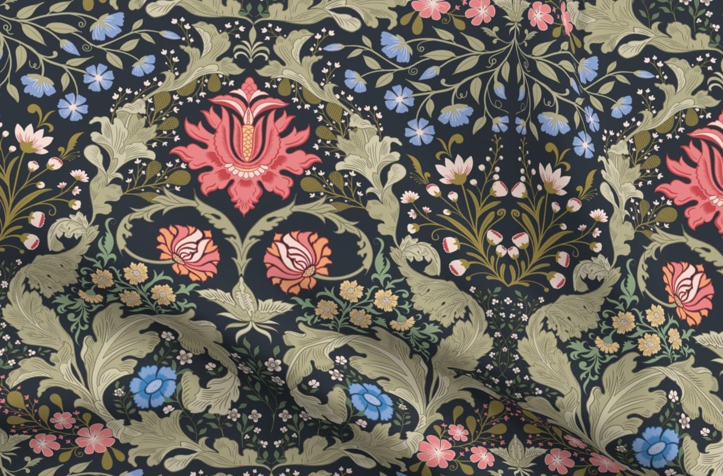 Spoonflower Fabric Retro Botanical Blue Green on Petal Cotton