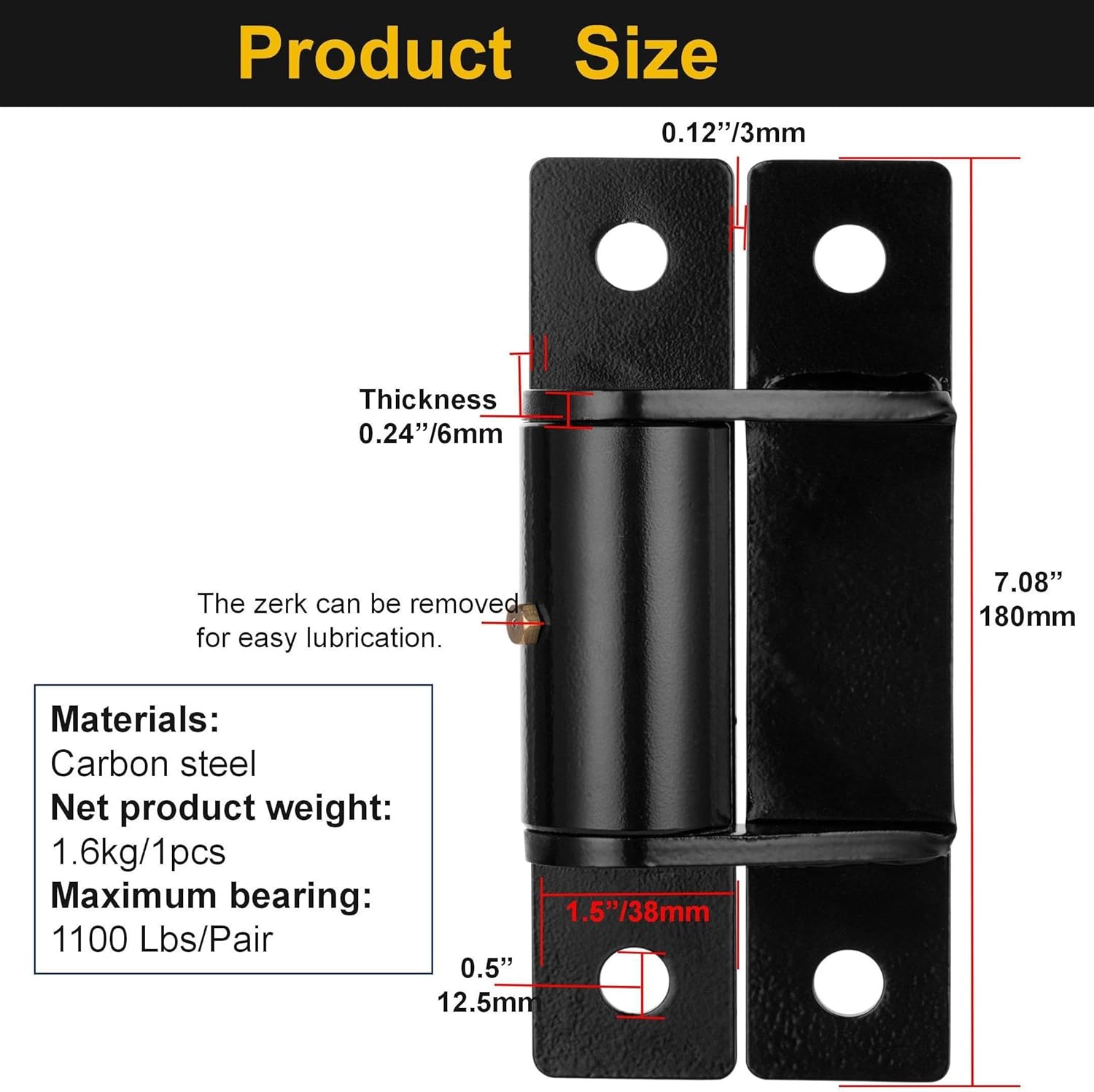 Heavy Duty Gate Hinges 7" 1100LB Capacity with 180° Swing - Bolt On or Weld On Hinges with Roller Bearings for Driveway Gate, Barn Doors, Wooden Fence & Metal Gates (1 Pair)