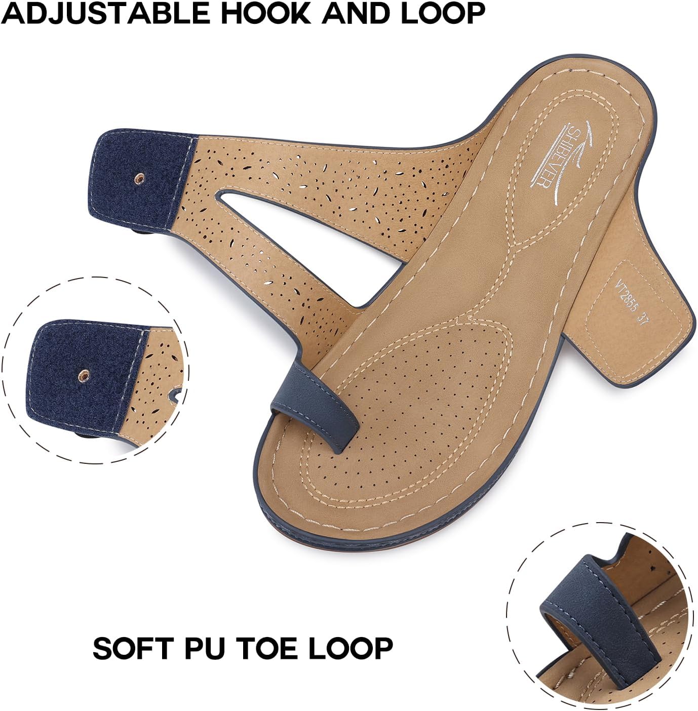 SHIBEVER Wedge Sandals for Women Dressy: Dark Blue Size 9 Comfortable Sandals for Women - Summer Casual Walking Slip On Wedges - Image 4