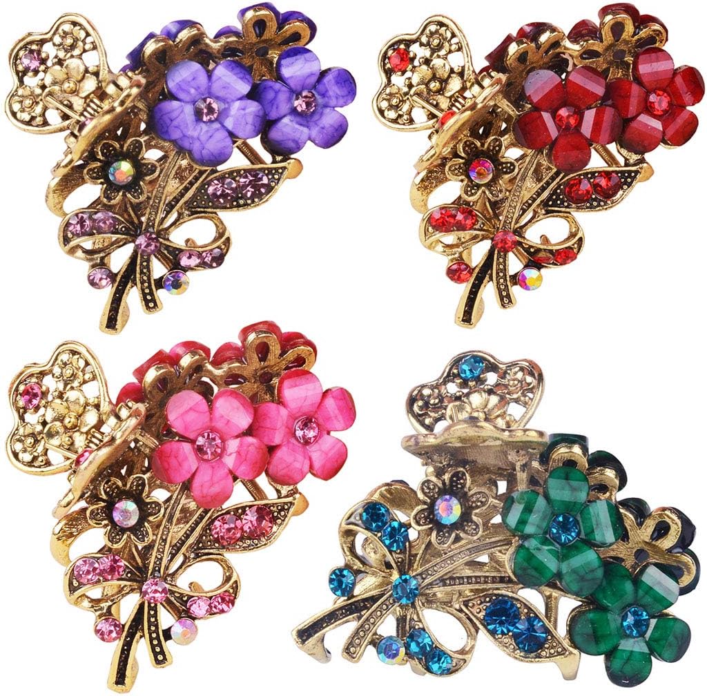 Numblartd 4 Pcs Vintage Flowers Medium Size Fancy Hair Claw Jaw Clips Pins with Rhinestone - Chic Metal Alloy Hair Clamp Hair Updo Grip Hair Accessories for Women Medium Hair