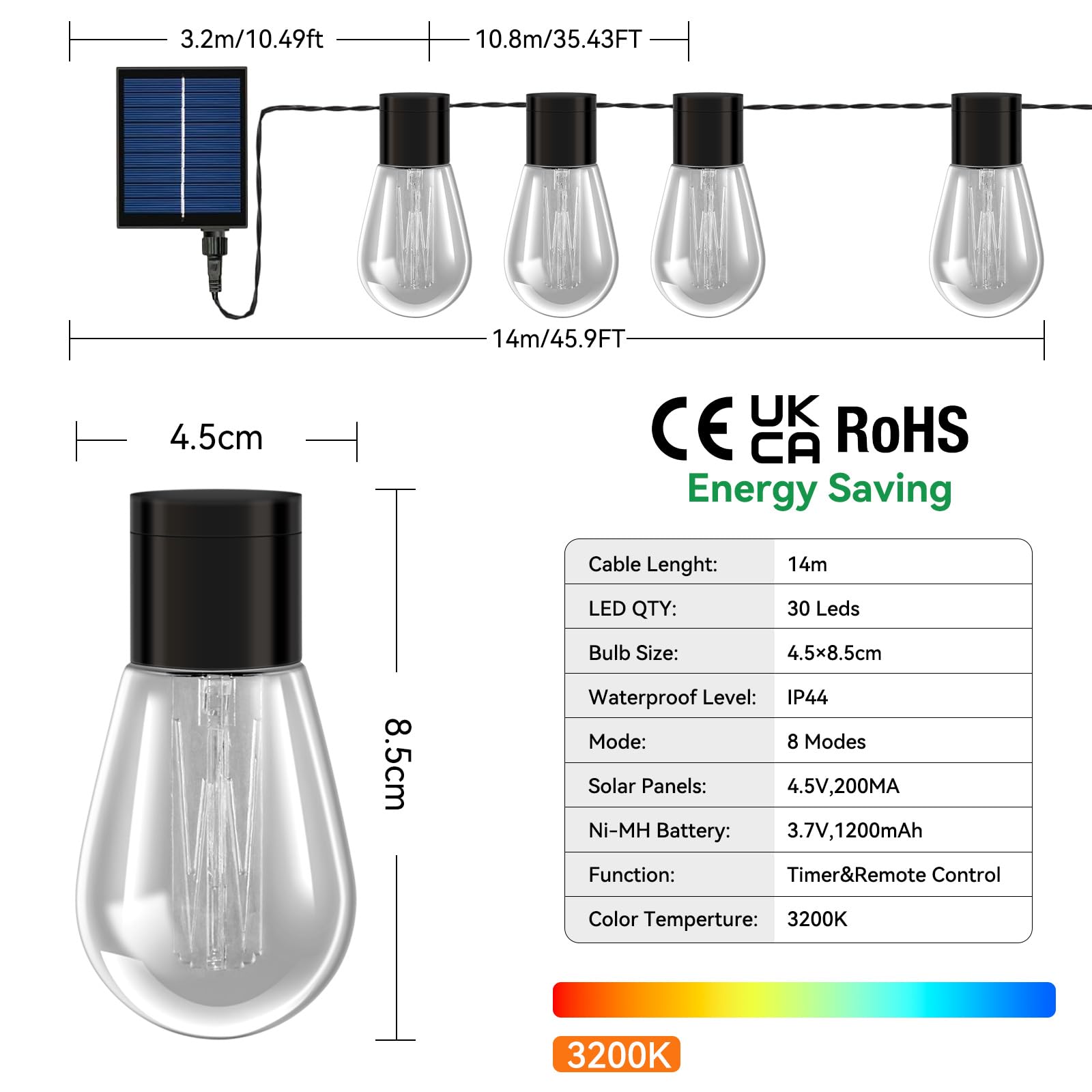 Zonne-energie Lichtsnoer Buiten 20 LEDs 9m - Warmwit Met 8 Modi, Weerbestendig IP65