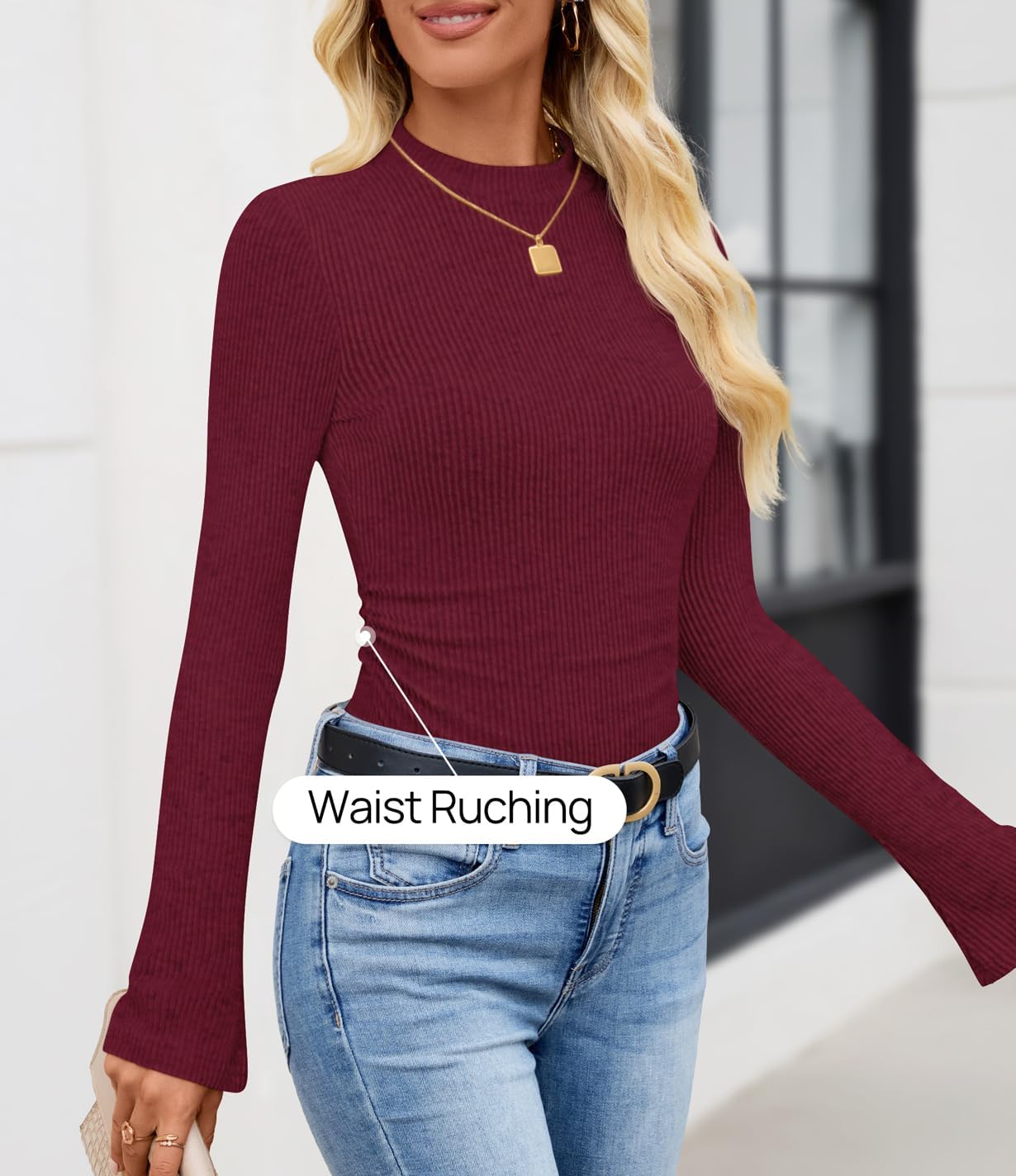 ZESICA Women's Long Sleeve Shirts 2026 Spring Mock Neck Ribbed Slim Fit Tops Basic Tees Dressy Casual Outfits Clothes - Image 4