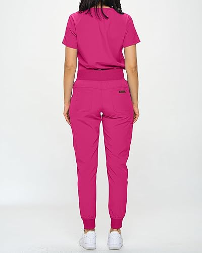 Miniatura 4 de Conjunto de ropa quirúrgica elástica para mujer, estilo jogger, en tallas regulares y pequeñas, con parte superior metida por dentro