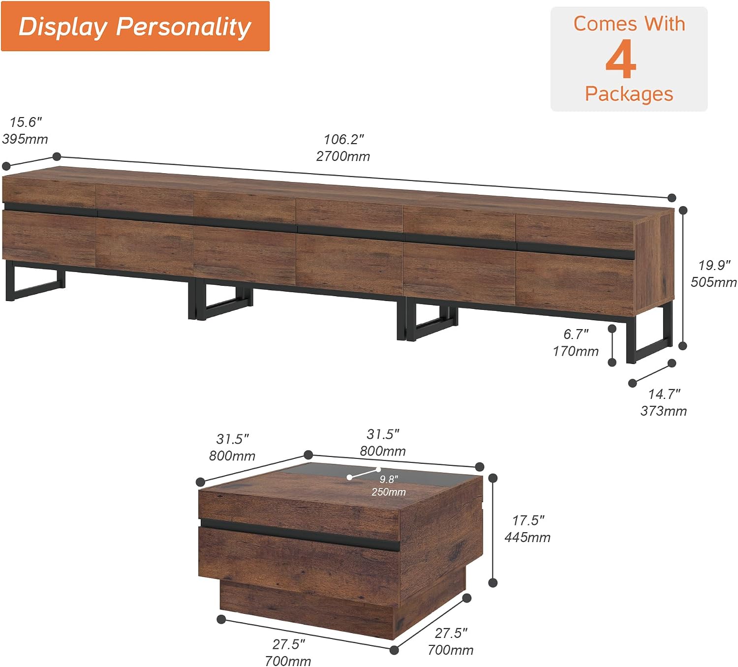 WAMPAT Modern TV Stand and Coffee Table Set of 2, Storage Entertainment Center for TVs Up to 110 inch, Square Center Table with Tempered Glass and Storage Drawers for Living Room, Brown