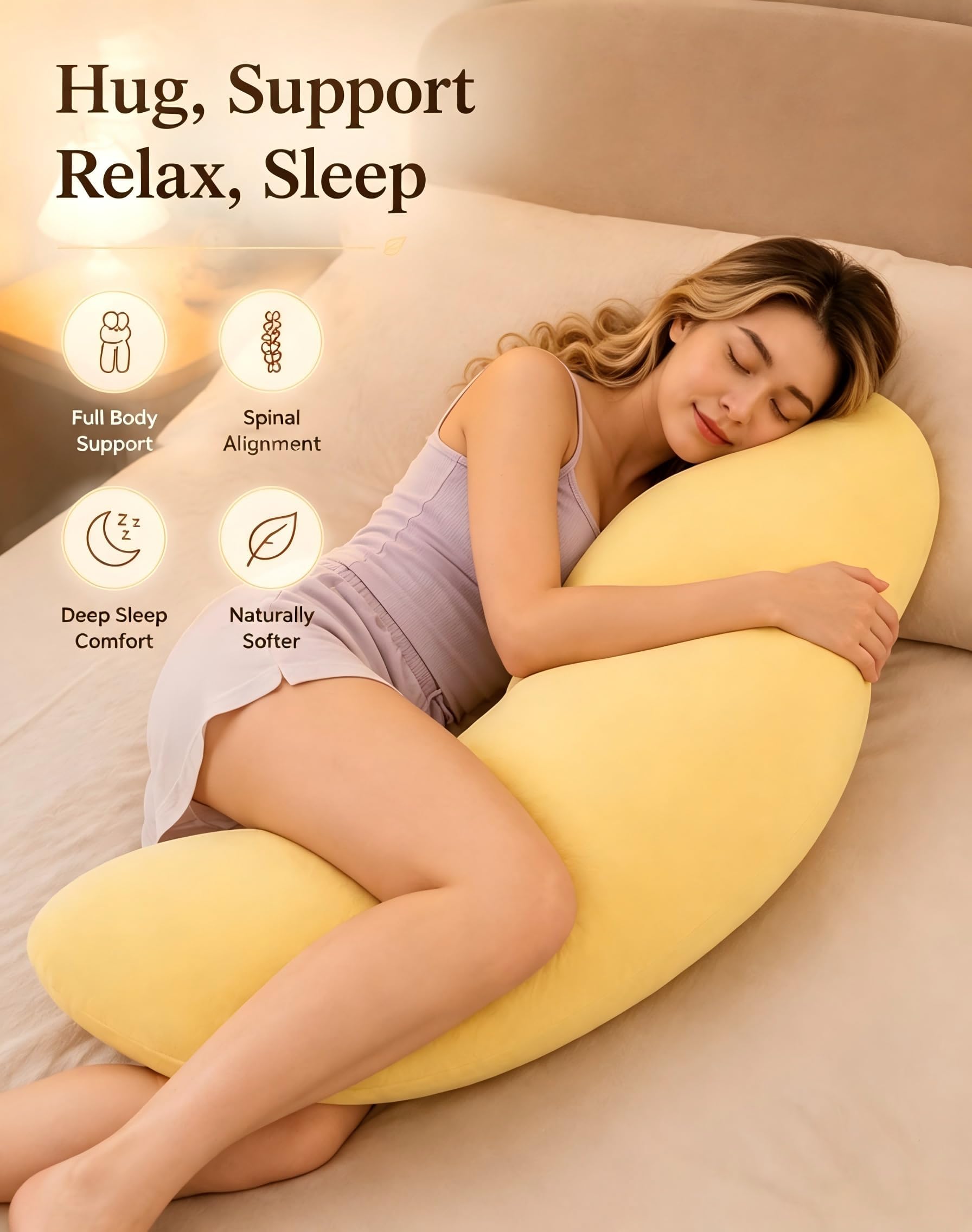 Moon Body Pillow, Giant Moon Sleep Spoon C-Shaped Body Pillow (Light Yellow)