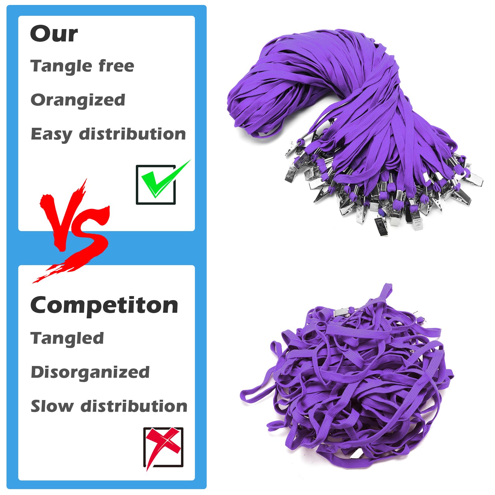 Lot de 100 cordons pour badges d'identité et 100 porte-badges d'identification horizontaux en plastique transparent, tour de cou plat avec clip étanche et refermable pour porte-nom (violet)