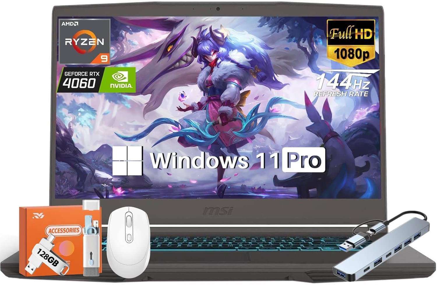 MSI Thin 15 Gaming Laptop, AMD Ryzen 9 8945HS (Beat i9-13900H, Up to 5.2GHz), NVIDIA RTX 4060 8GB GDDR6, 15.6″ 144Hz IPS Display, 32 GB DDR5, 2 TB SSD, Win 11 Pro, Long Battery Life, w/Accessories