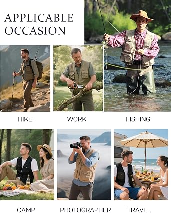 Flygo Men's Fishing Vest Utility Lightweight Outdoor Travel Safari Photo Cargo Vest with 16 Pockets