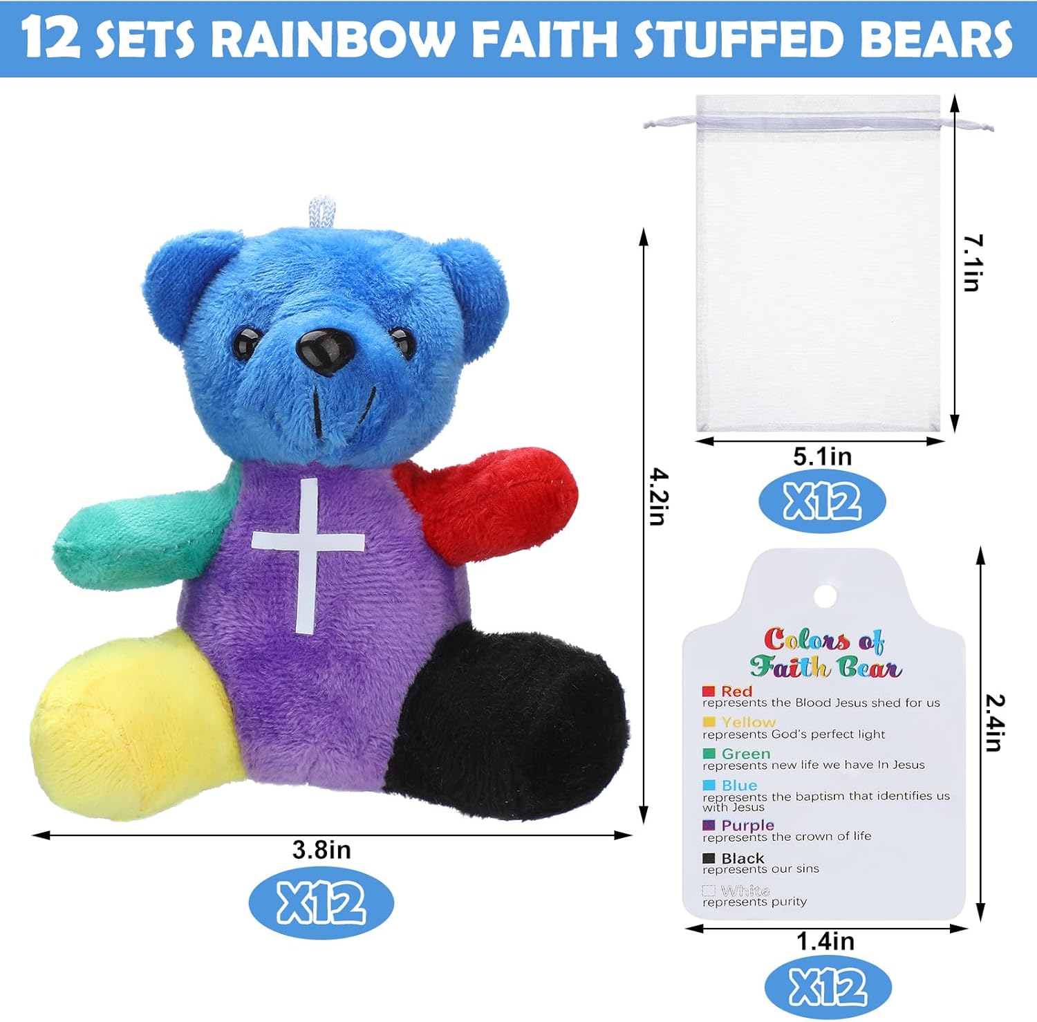 Silipull 12 Pcs Rainbow Stuffed Bears 4" Religious Plush Bears Easter Color of Faith Mini Bible Verse Plush for Party Favor Gift Box Stuffers