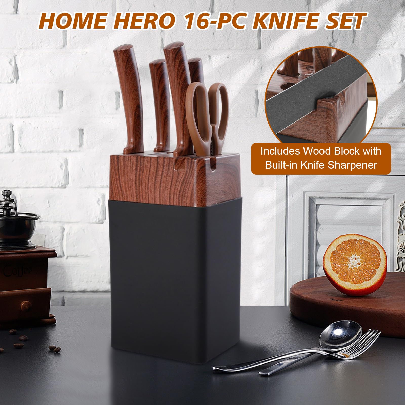 Set Cuchillos Cocina Profesional Juego de 7 Piezas con Soporte de Madera - Acero Inoxidable Alemán 58HRC | Mangos Ergonómicos Antideslizantes | Para Chef y Uso Doméstico