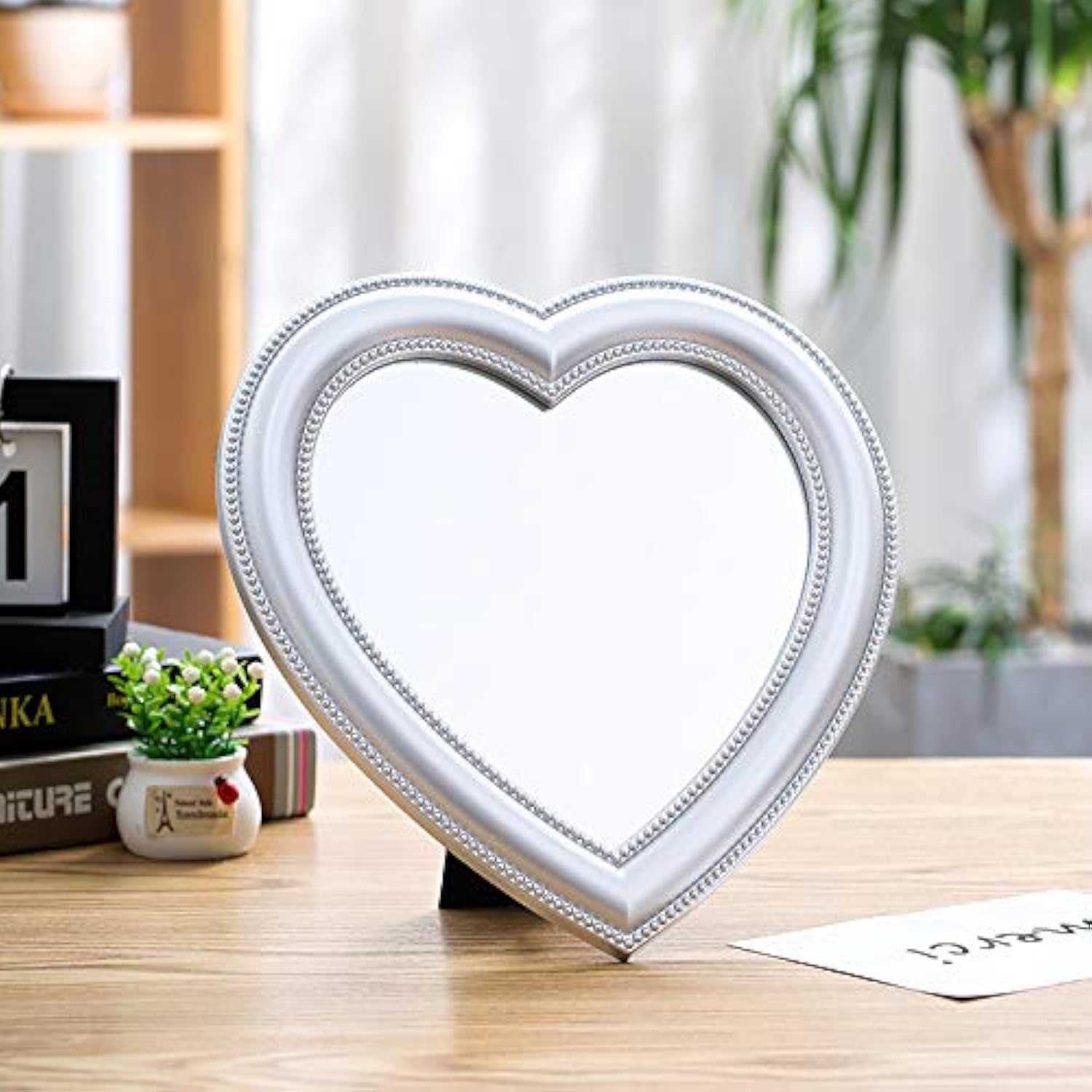 Hosoncovy Girls Silver Heart Shaped Foldable Desktop Makeup Mirror With Stand,Decorative Wall Hanging Handheld Cosmetic Vanity Gift Mirror (Silver)