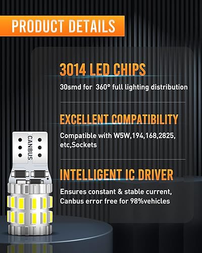 Miniatura 8 de LUYED 194 bombillas LED de xenón blanco 9-30 V Canbus sin errores W5W 168 2825 bombillas LED para cúpula mapa, puerta, cortesía, maletero,