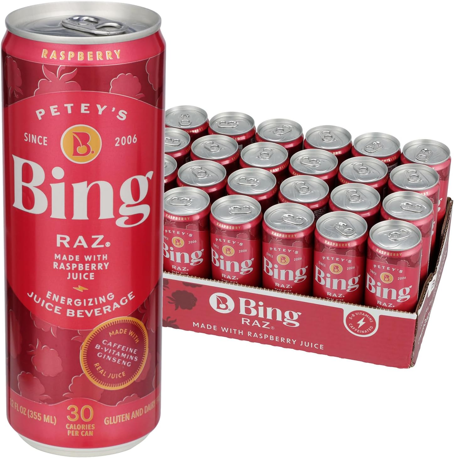 BingRAZ Energizing Juice Beverage – Raspberry (12oz/24pk) – Made with REAL Juice! Only 1g added Sugar, Low Calorie, 5 B-Vitamins & Ginseng; 100mg Caffeine; Vegan, Gluten + Dairy Free. DELICIOUS