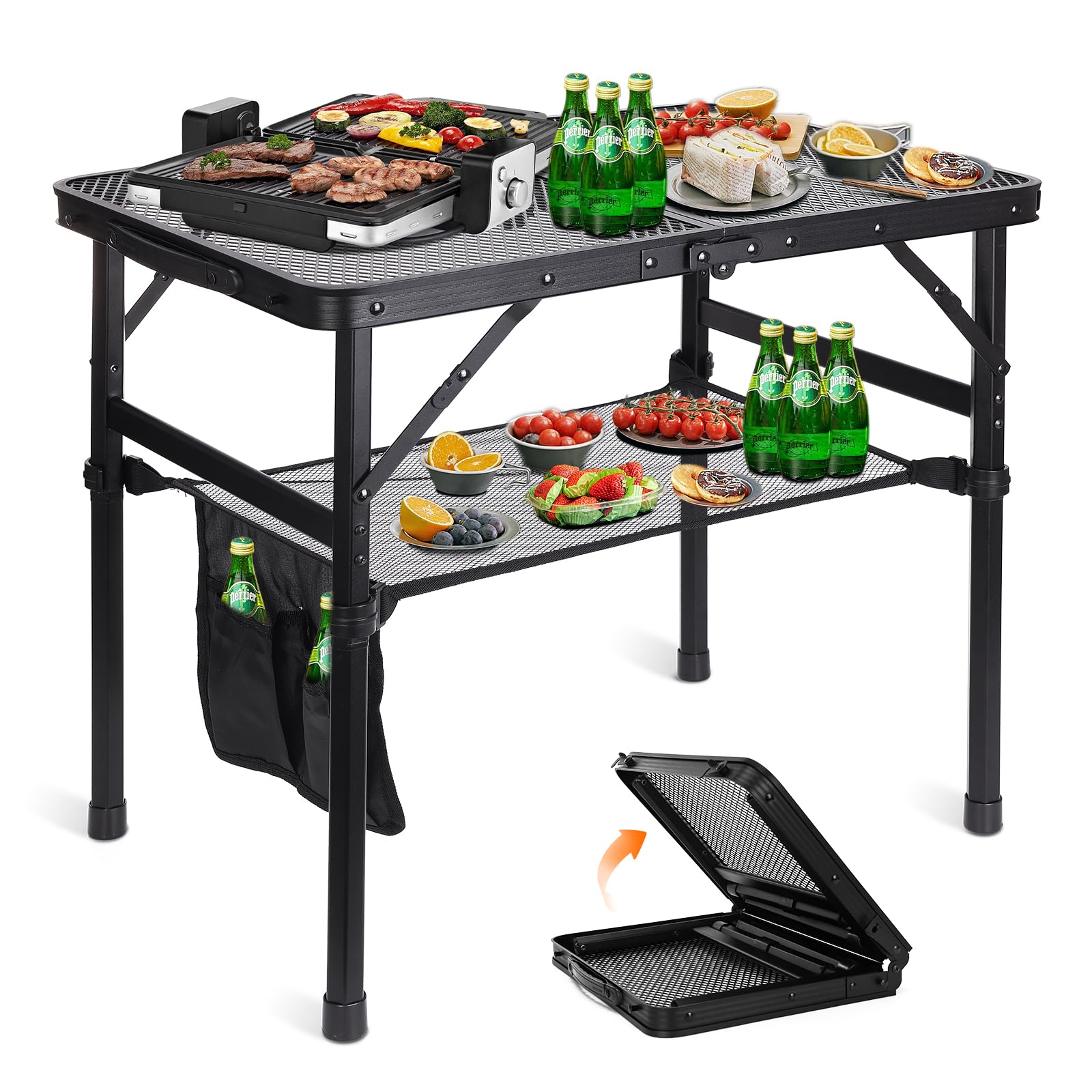 MYSWEETYCamping Table, 2 ft Folding Grill Table with Mesh Bag and Anti-Slip Feet, Height Adjustable Outdoor Picnic Table, Lightweight & Portable Aluminum Mesh Desktop Table for Camping, Picnic