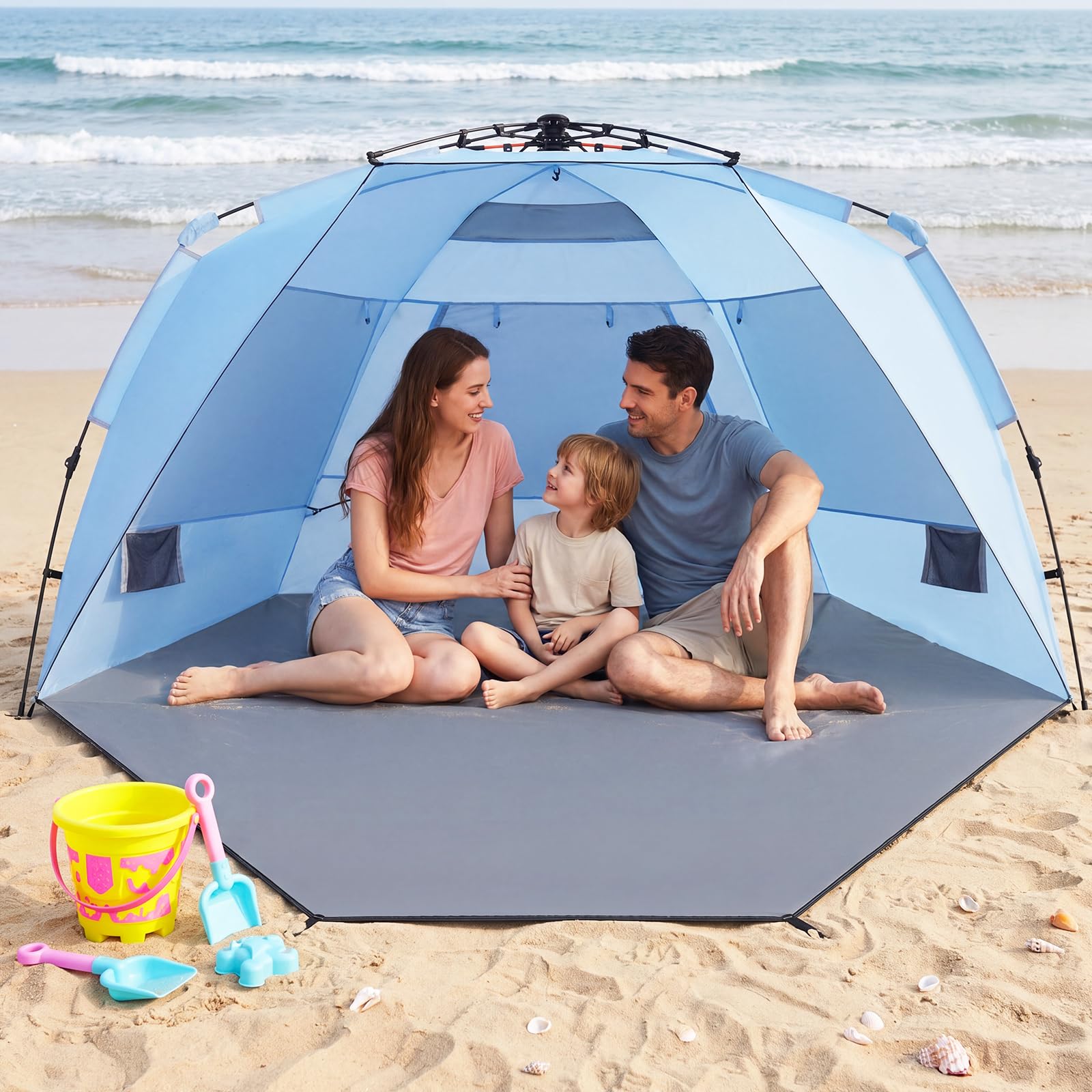 COSTWAY Namiot plażowy Pop Up dla 3-4 osób, namiot plażowy z torbą do przenoszenia, śledziami i 3 kieszeniami na piasek, ochrona przed promieniowaniem UV 50+, ochrona przed słońcem z drzwiami na zamek
