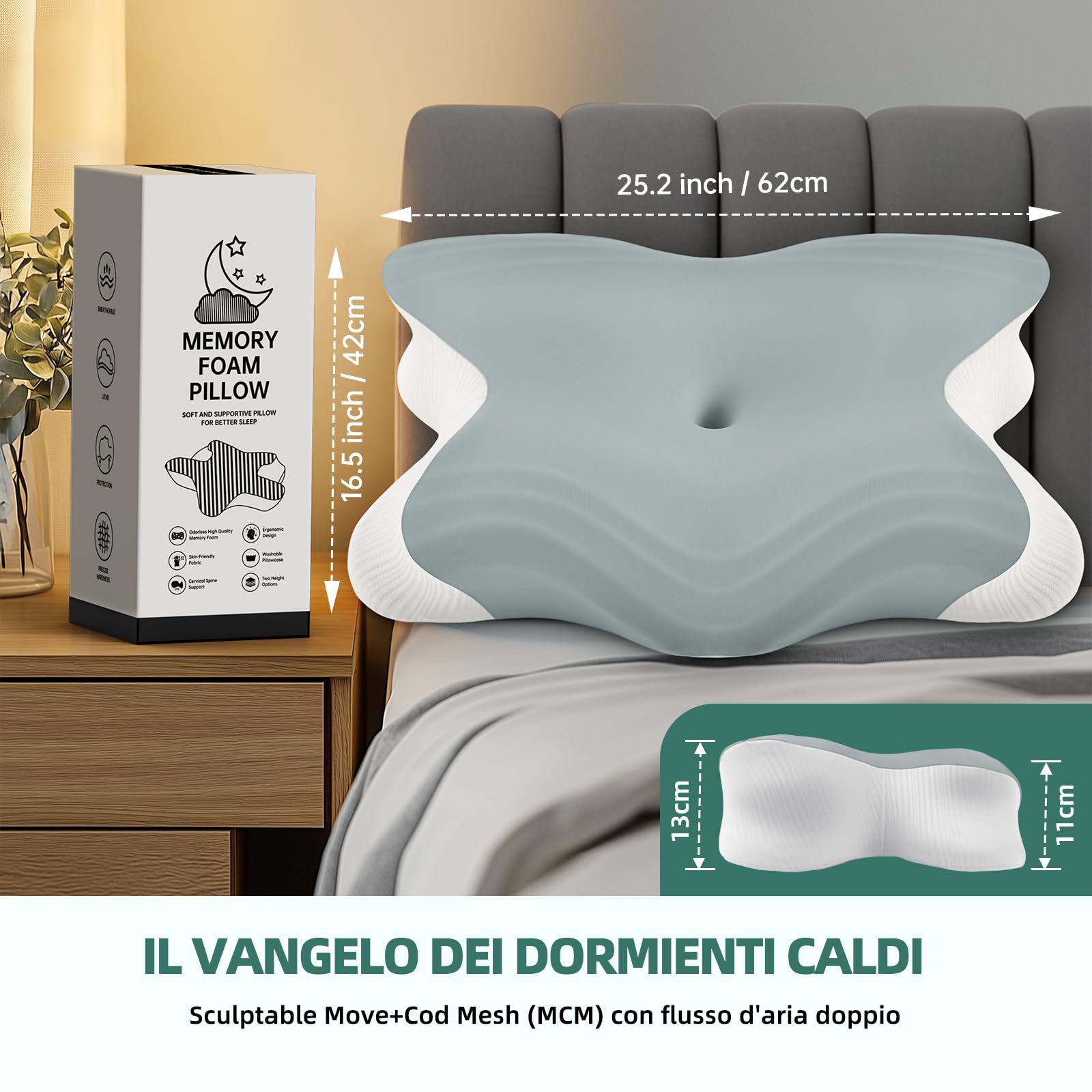 Cuscino Cervicale per Dormire, 2 in 1 Cuscino Cervicale Ortopedico, Cuscino Memory Foam, Cuscini Ergonomico Cervicale per Dormitori Laterali, Supini e Proni 62cm x 42cm x 13/11cm grigio chiaro