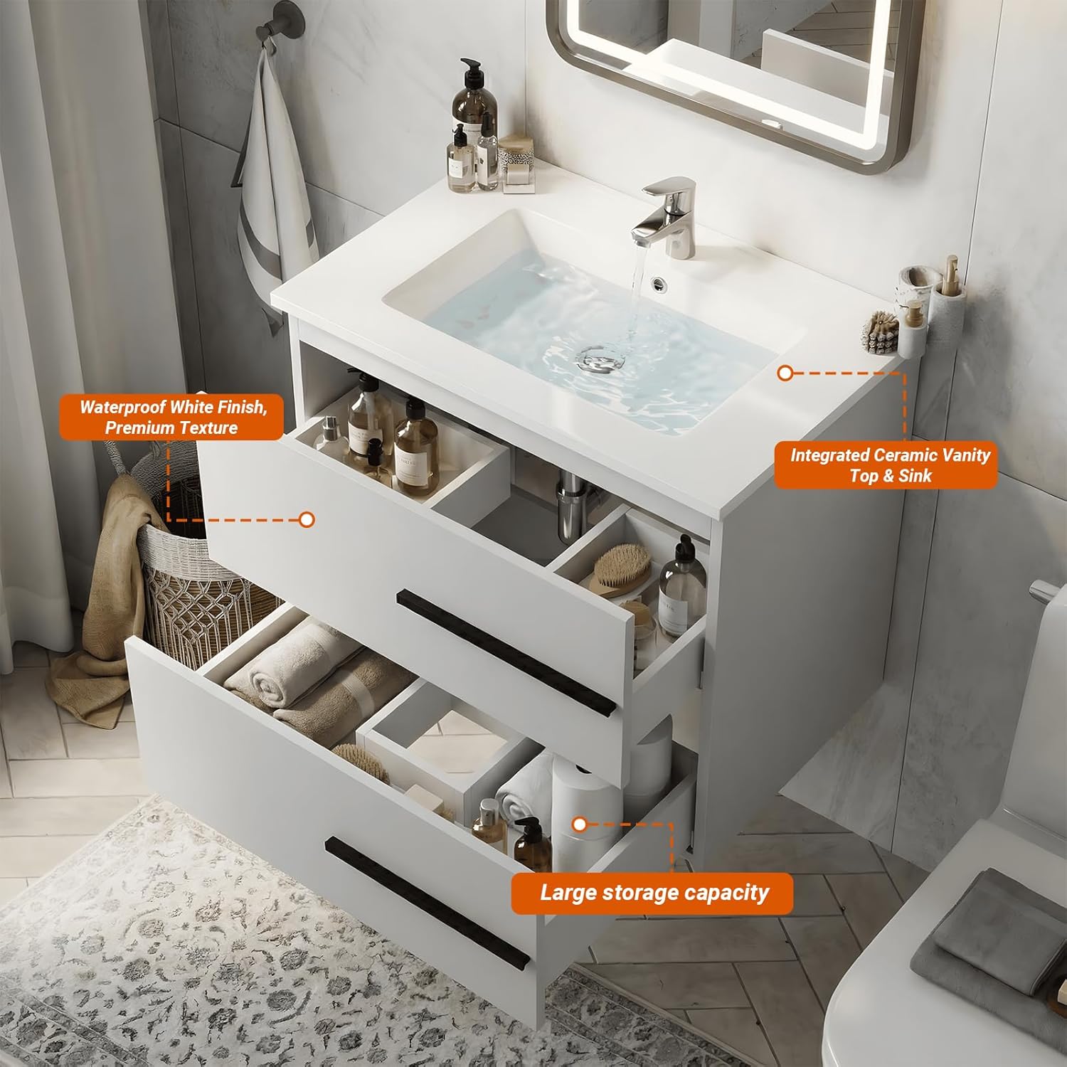 24 Inch Bathroom Vanity with Sink, Modern Floating Wall Mounted Cabinet, White High Gloss PVC Finish, Soft Close Drawers & Ceramic Top for Small Space (Right-Hand Pull Handle, 24")