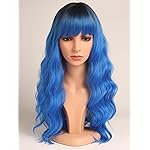 SYMEIW Blue Hair Wavy Wigs With Bangs For Women Synthetic Blue Wigs For Daily Use Everyday Wear.