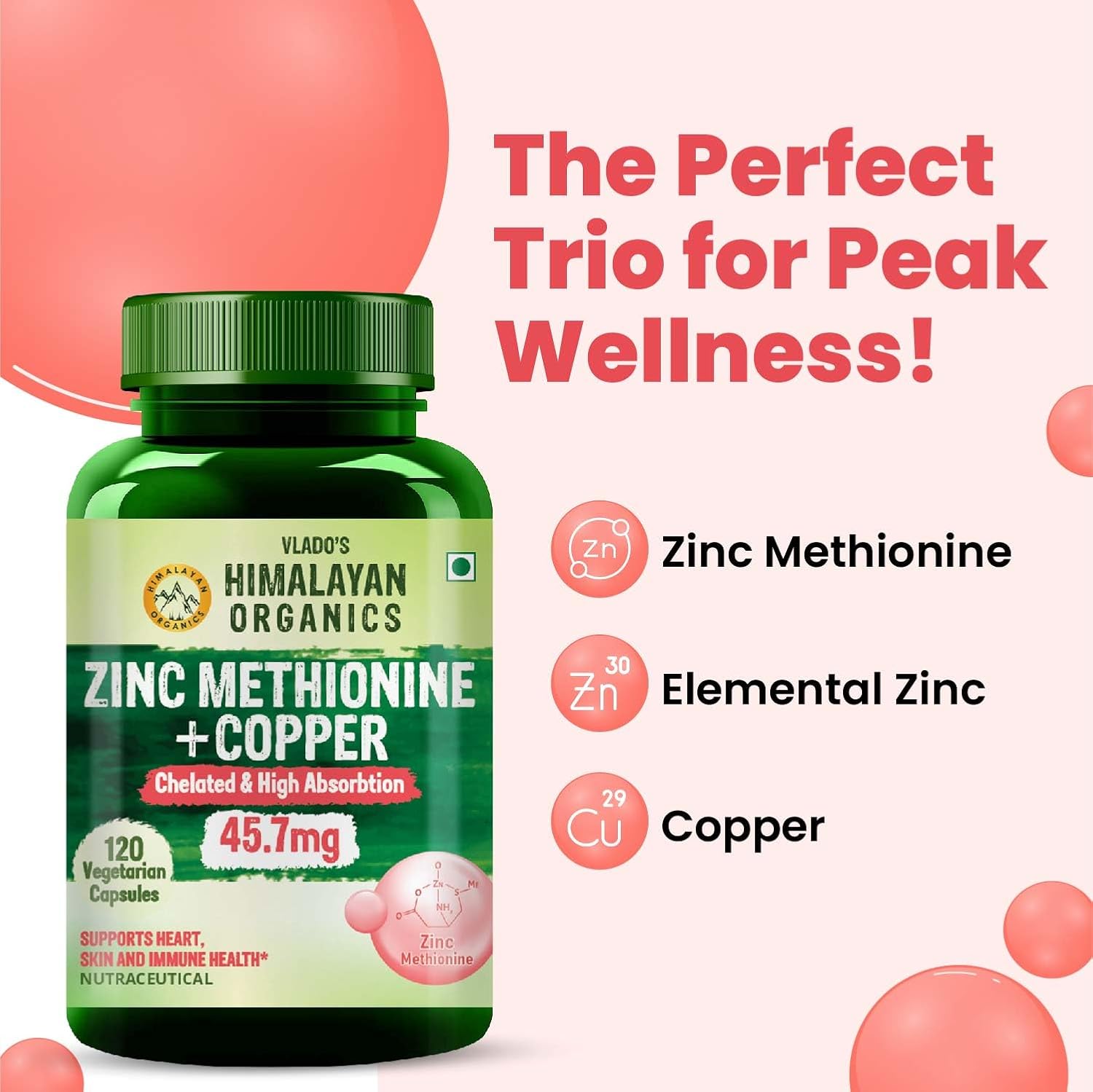 Vlado's Himalayan Organics Zinc Methionine Chelated Copper | Support Healthy Immune | Promotes Skeetal Health | Antioxidant Support - 120 Veg Capsules Vlado's Himalayan Organics Zinc Methionine Chelated Copper | Support Healthy Immune | Promotes Skeetal Health | Antioxidant Support - 120 Veg Capsules