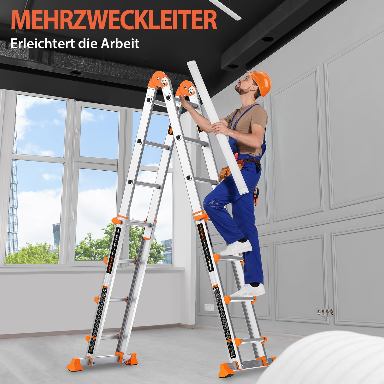 KINGRACK Aluminium Teleskopleiter 4,17 M 4x4 Sprossen Mehrzweckleiter, Rutschfeste Multifunktionsleiter mit Stabilisatorstange, Aluleiter Treppenleiter Bockleiter beidseitige Steh Belastbar bis 150 kg