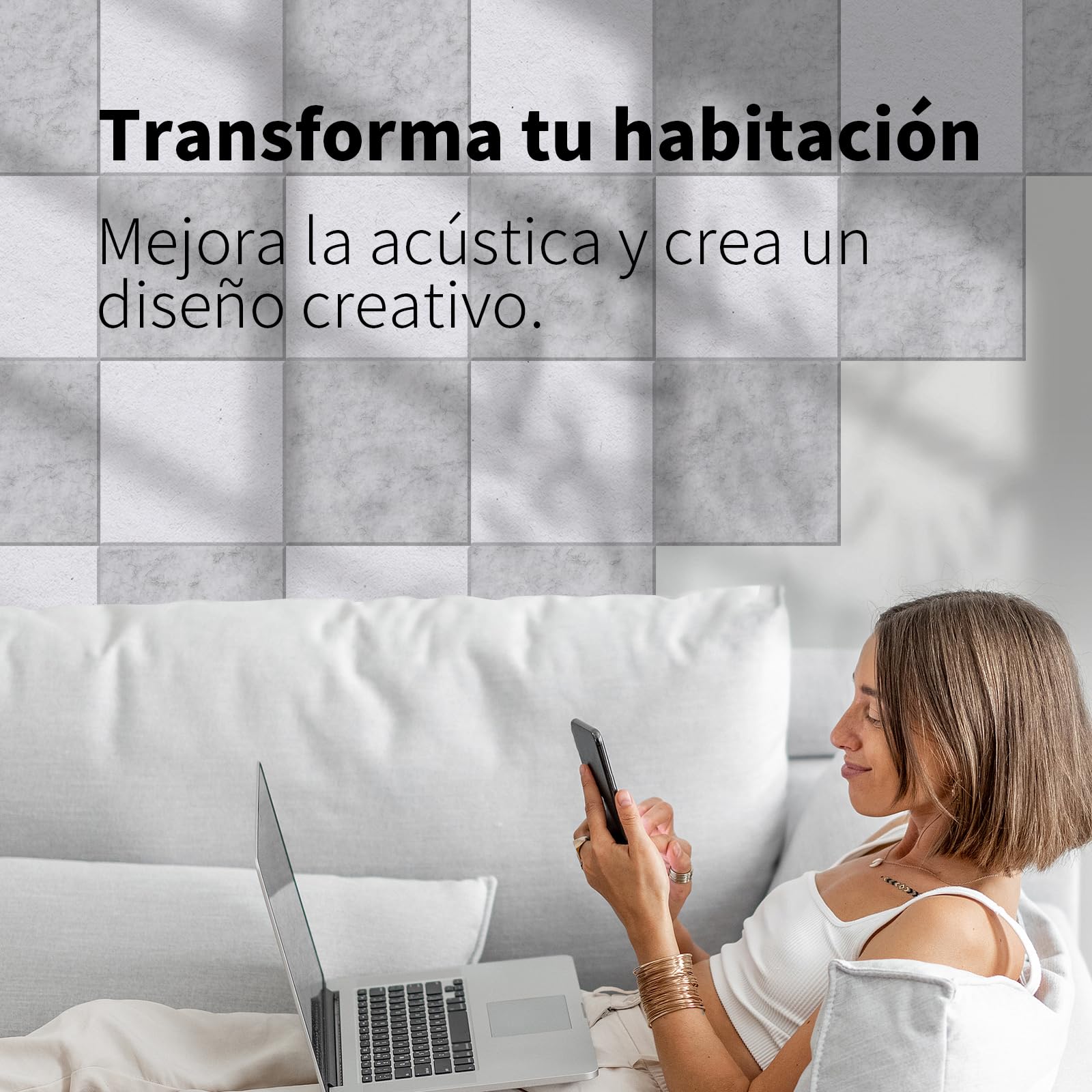 36 pieza Paneles Acústicos Cuadrados autoadhesivos | Aislamiento acústico eficaz alta densidad (230kg/m³) NRC 0.95 cubre 3,24m² Perfectos para paredes y puertas,sala de juegos,Porcelana blanca