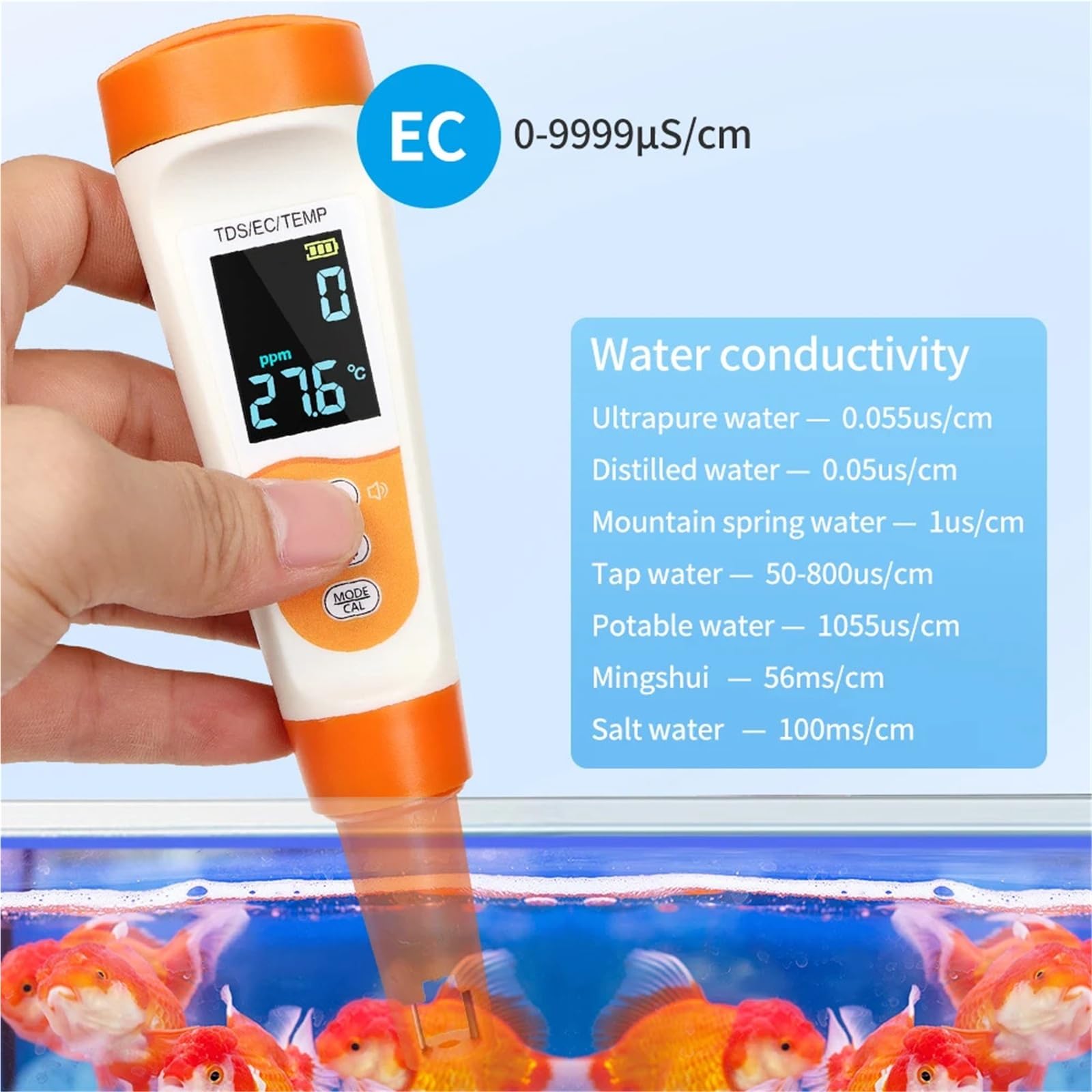 Tester di qualità Acqua Multifunzionale 3 in 1 vocale, rilevatore Digitale TDS EC, misuratore Temperatura for Piscine e acquari con retroilluminazione Alta precisione
