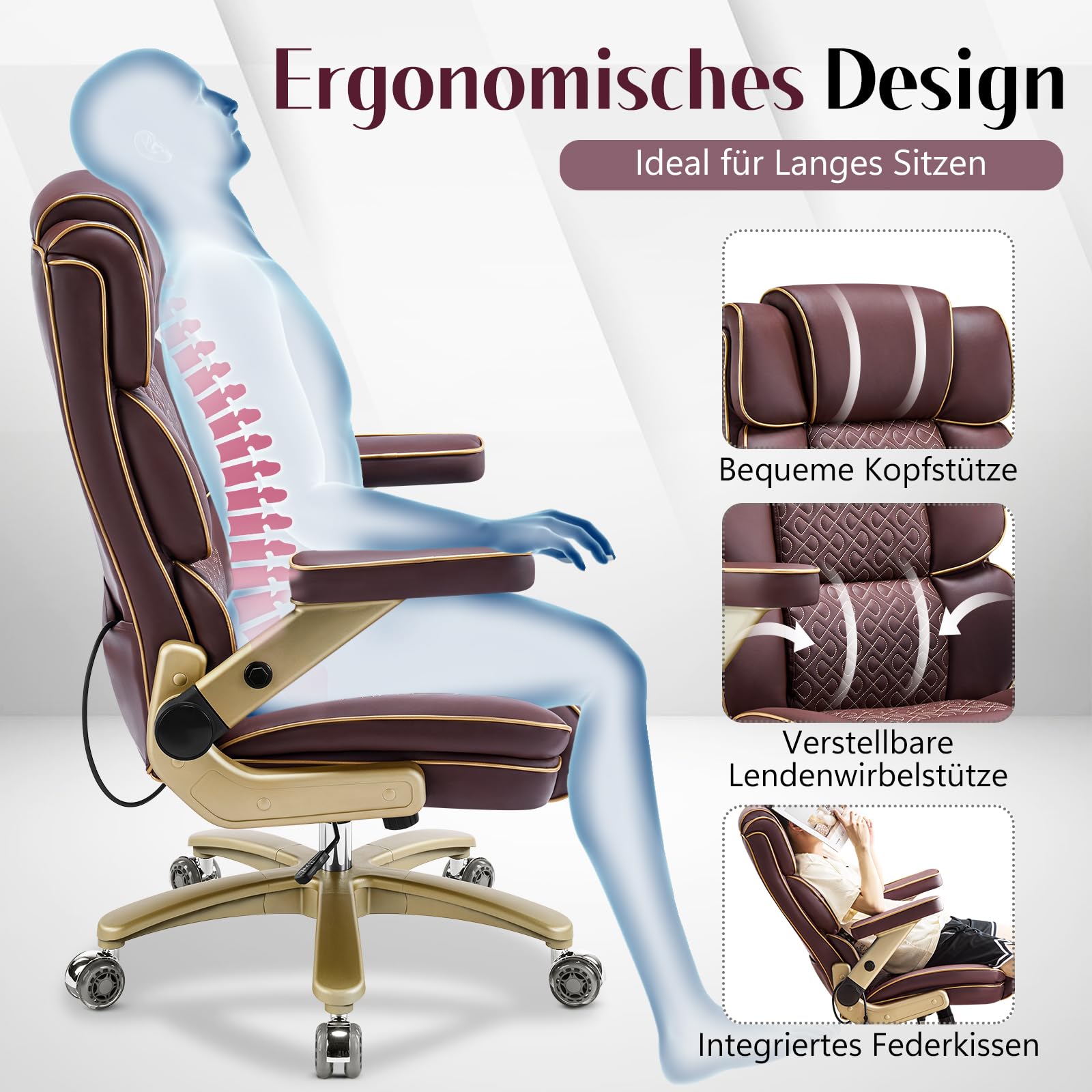 Bürostuhl, Chefsessel Ergonomisch bis 230kg, Big and Tall Schreibtischstuhl mit 5D-Armlehnen, Schwerlast Hoher Rücken mit Verstellbare Lendenstütze für Büro & Home Office, Leder Braun