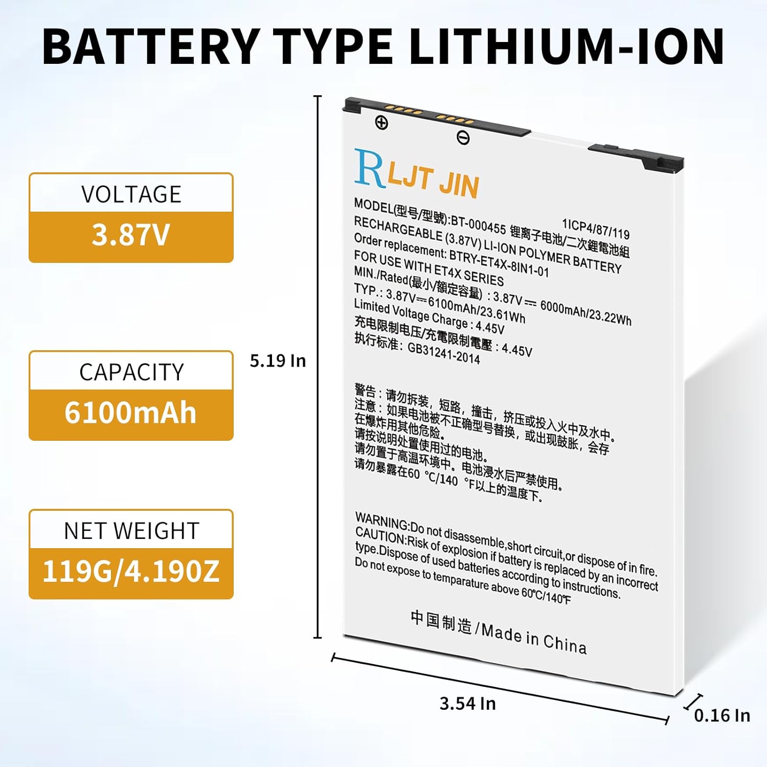 for Zebra ET40 Battery Replacement ET45 ET40AA ET40-HC ET45-HC ET4X BT-000455 BTRY-ET4X-8IN-01 Rechargeable Lithium-ion Tablet Scanner Battery