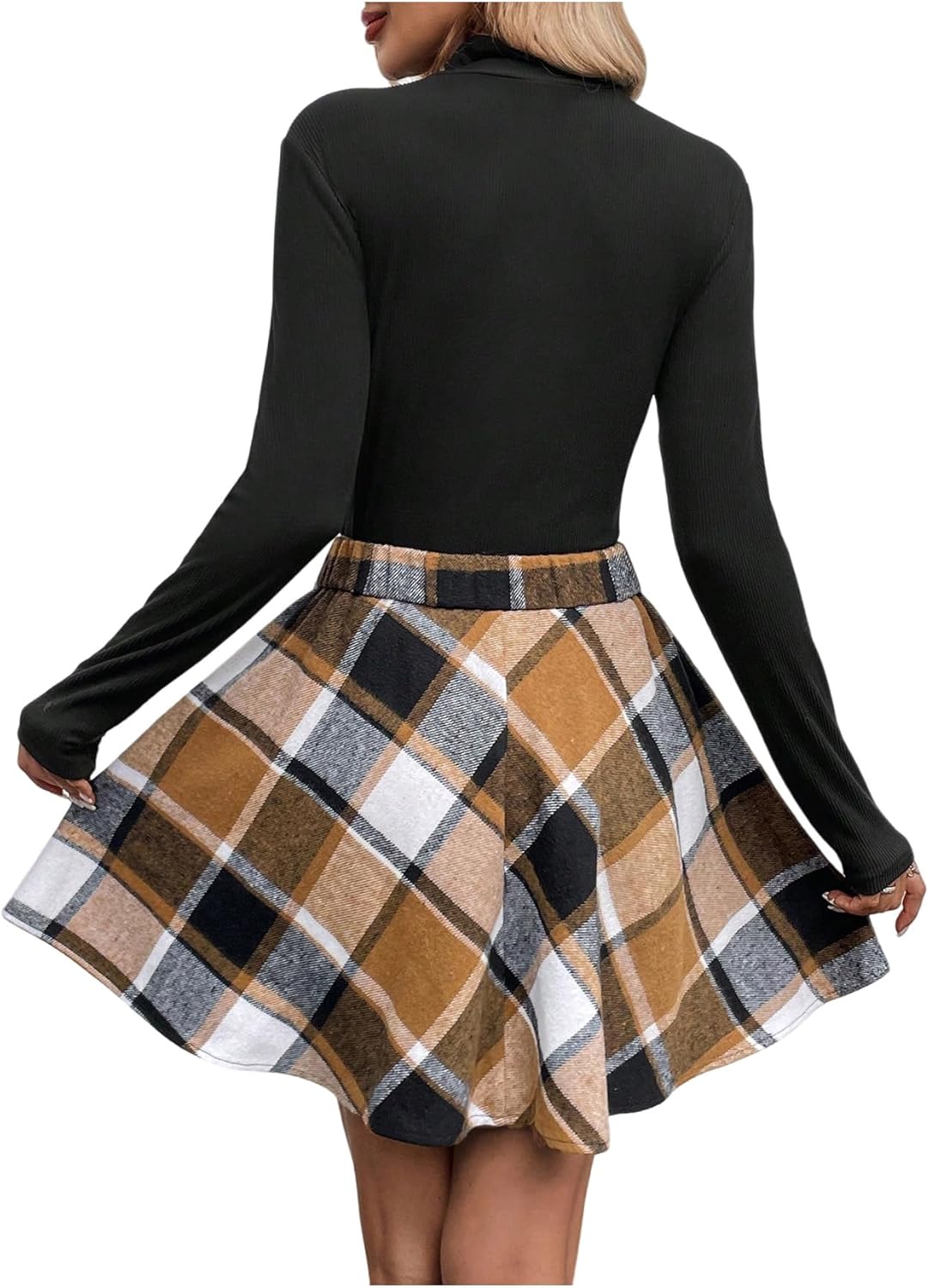 SweatyRocks Women's 2 Piece Sets Long Sleeve Turtleneck Knit Sweater Tops and Plaid Skirts Set Fall Winter - Image 2