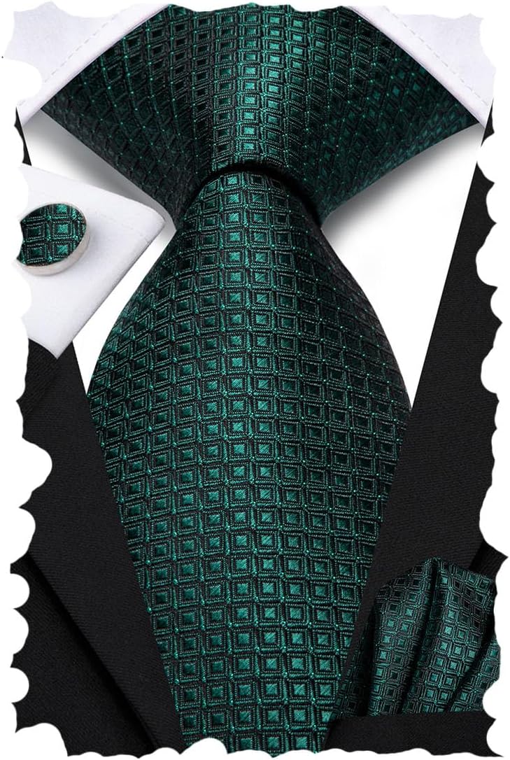 Hi-Tie Mens Plaid Ties Classic Paisley Necktie with Handkerchief Cufflinks Set Business Stripe Tie,Dark Green