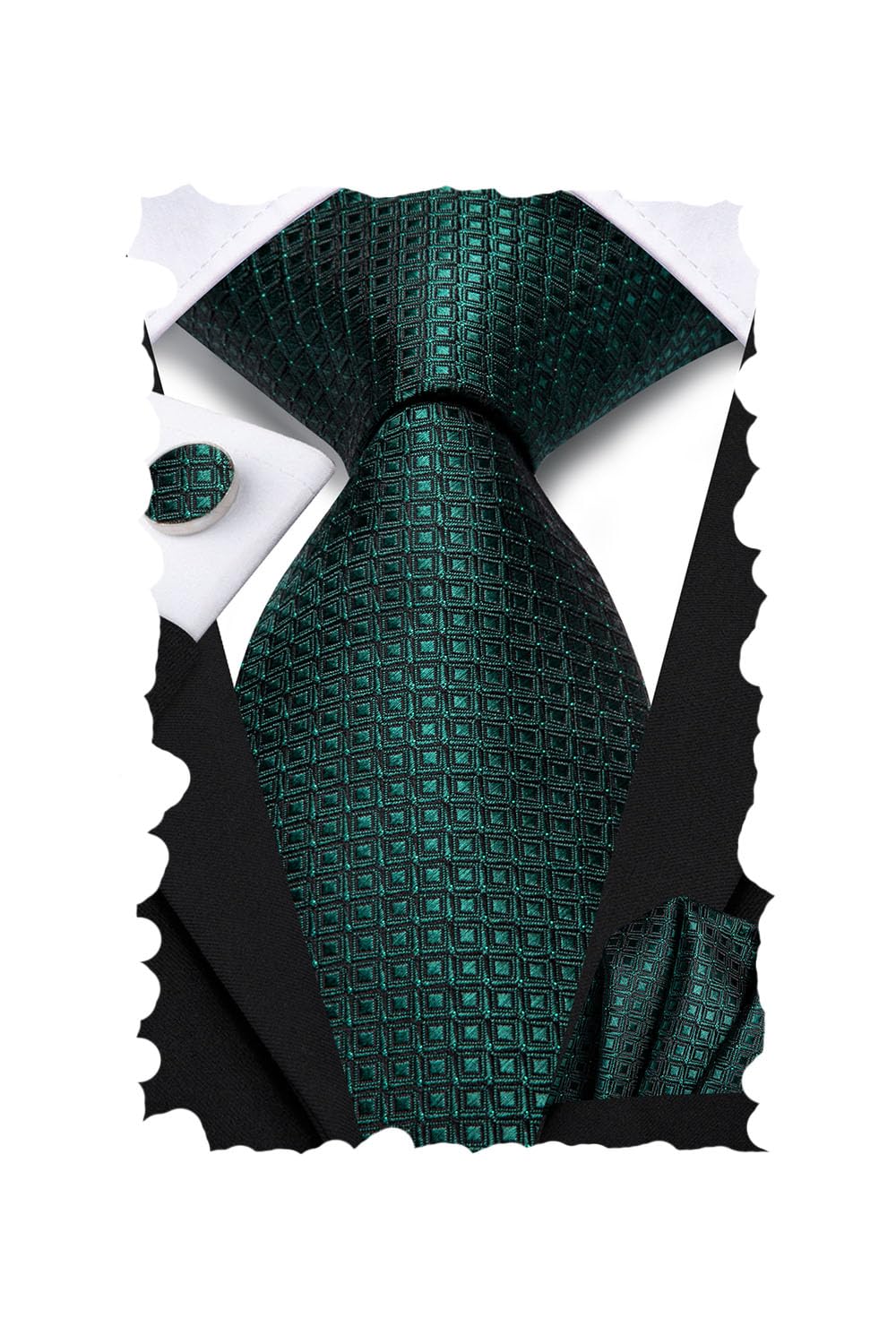 Hi-Tie Mens Plaid Ties Classic Paisley Necktie with Handkerchief Cufflinks Set Business Stripe Tie,Dark Green