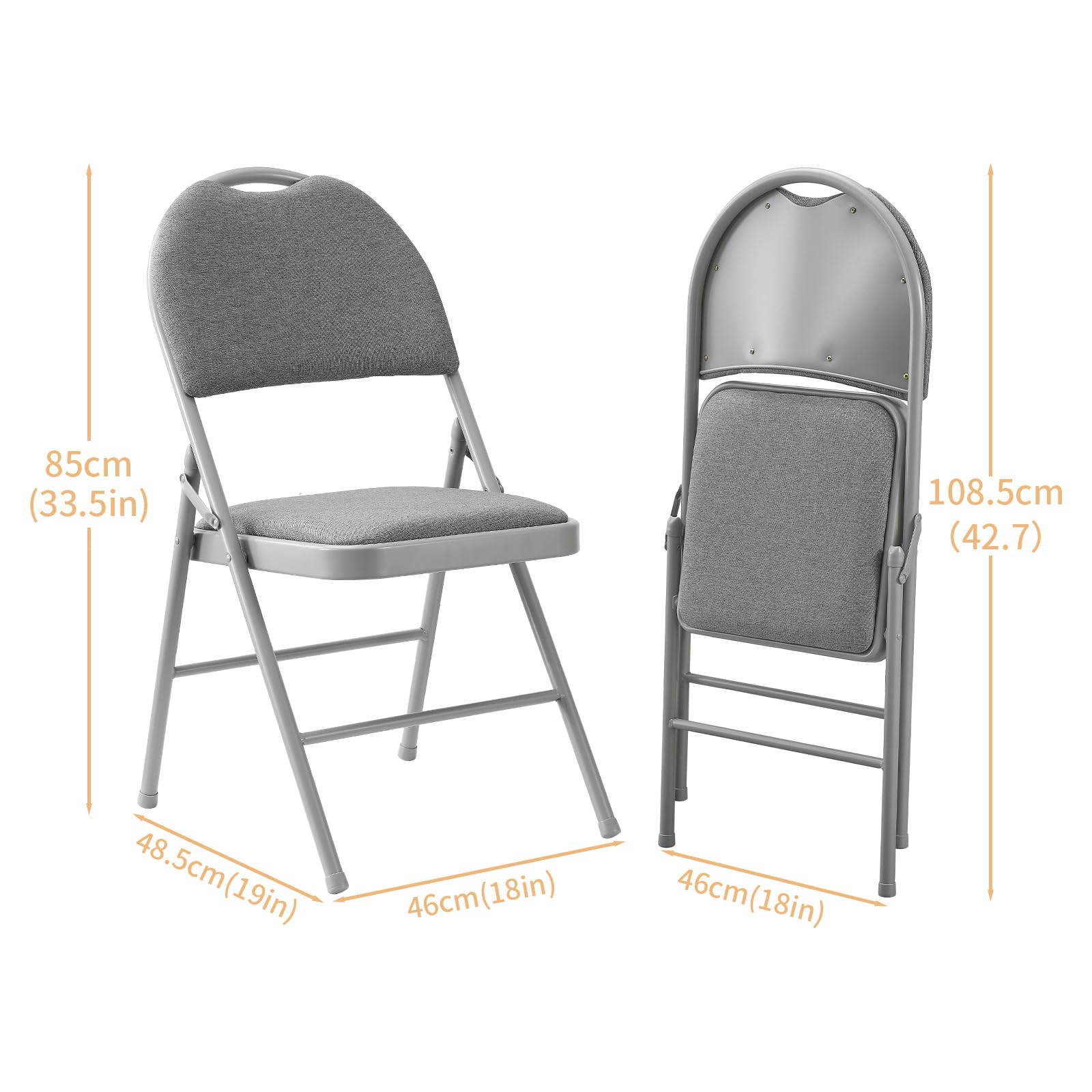 BOOSDEN Set di 2 sedie pieghevoli imbottite, grigie, pieghevoli, con schienale rialzato, impilabili, da giardino, da balcone, per cucina, sala da pranzo, ufficio, esterno, balcone