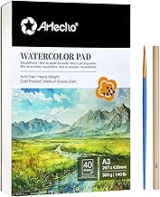 Artecho Watercolour Paper A3 Pad 40 Sheets with Watercolour Brush and Pencil, Water Colour Paper 300gsm, Art Paper Pad, Watercolour Sketchbook for Painting, Drawing, Sketching and Mixed Media
