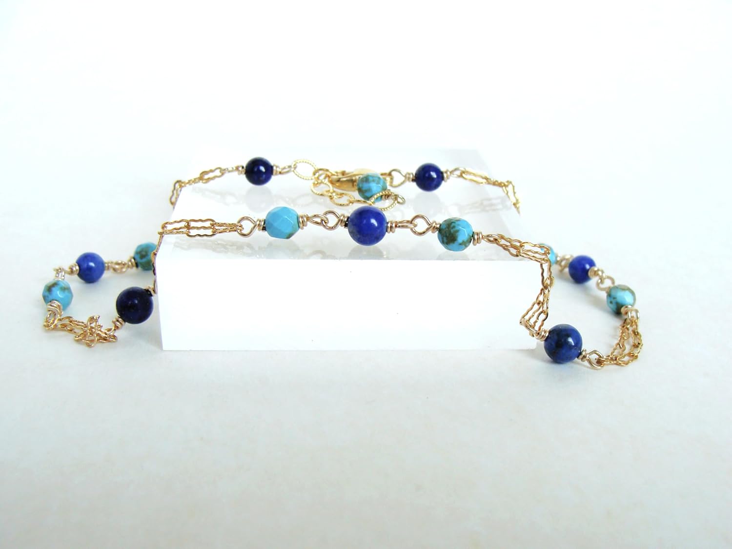 Genuine Turquoise and Lapis Anklet For Women: gold-fill, adjustable 9-10 inches, summer style, jewelry gift, handmade in USA