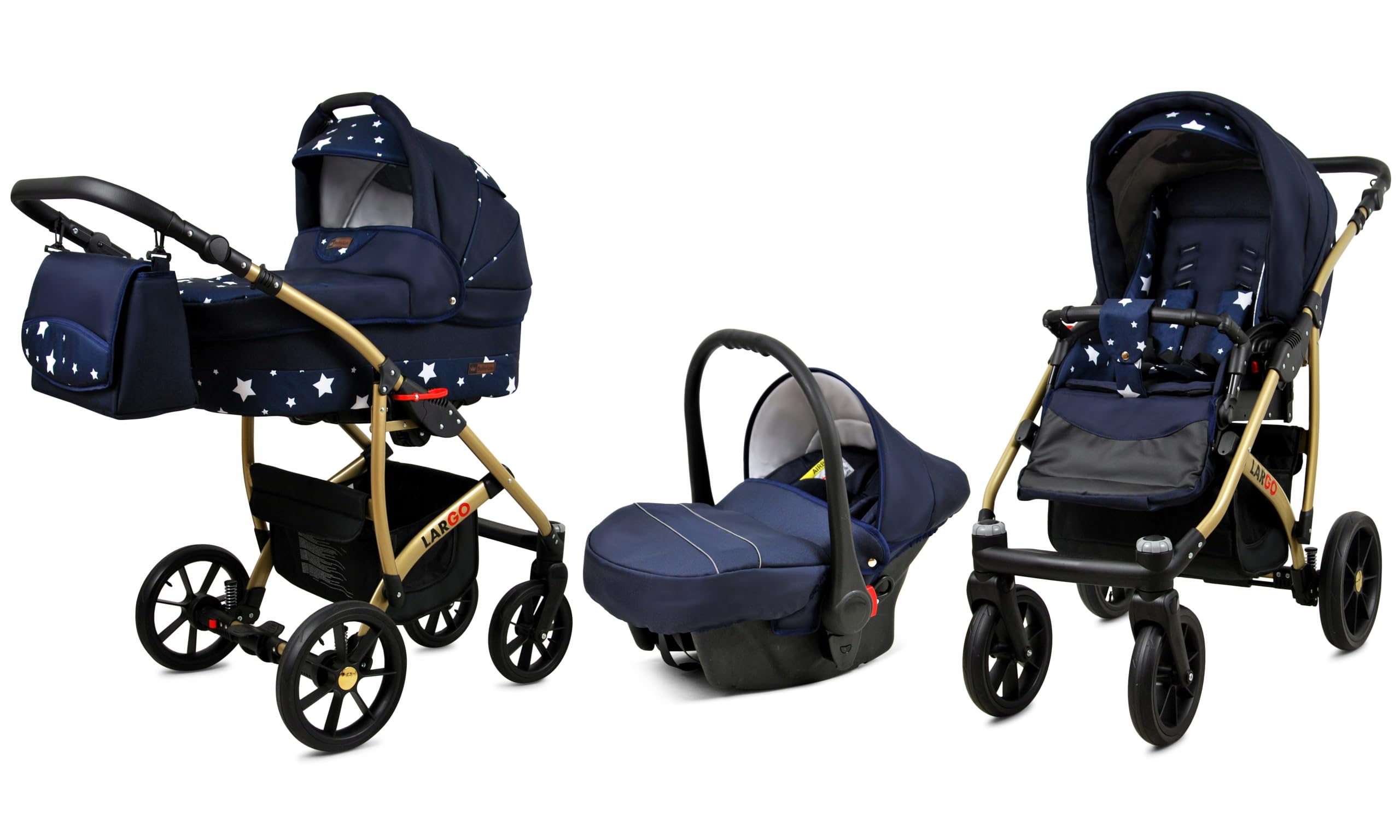 BabyLux Zestaw wózków dziecięcych 3 w 1 – Largo – w zestawie wanienka dla niemowląt, fotelik sportowy, fotelik samochodowy – zestaw wózków dziecięcych z torbą do przewijania, osłoną przeciwdeszczową