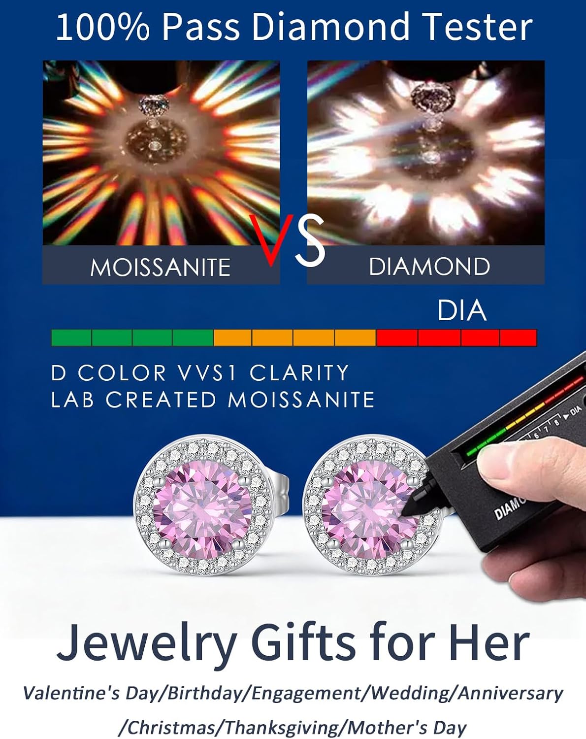Christmas Gifts for Women - 925 Sterling Silver White/Pink/Blue/Green/Yellow Moissanite Halo Stud Earrings, D Color VVS1 Clarity, Anniversary Birthday Jewelry Gifts for Mom Wife - Image 2