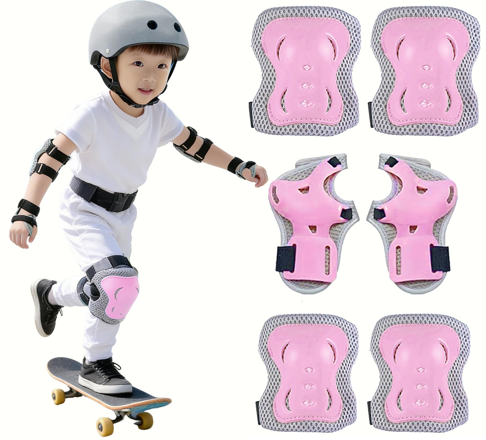 キッズプロテクター 6点セット 子供用 自転車 ローラースケート用 肘 手首 膝ガード マジックテープ式 軽量 けが防止 男女兼用 (ピンク)