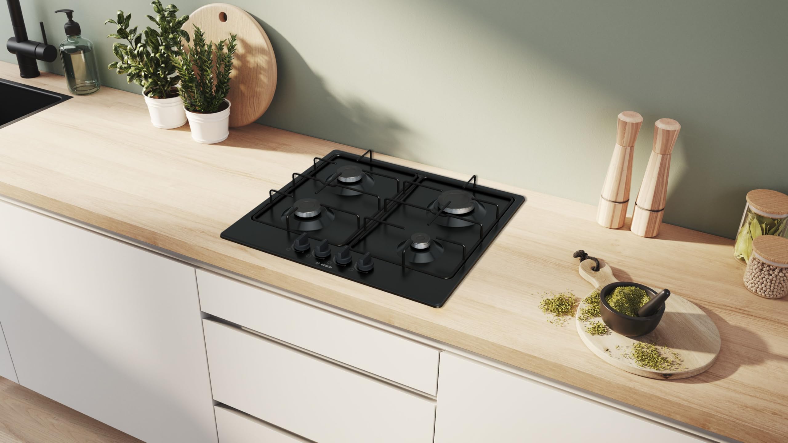 Bosch PGP6B6K80 Serie 4, Piano cottura a gas, Manopole a ponticello: controllo ergonomico, 4 fuochi, Nero, 60 cm