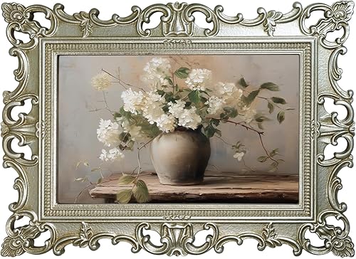 XIAOAIKA Arte de pared de florero de flores blancas acabadas a mano, impresión floral vintage con marco de madera plateada envejecida, estilo