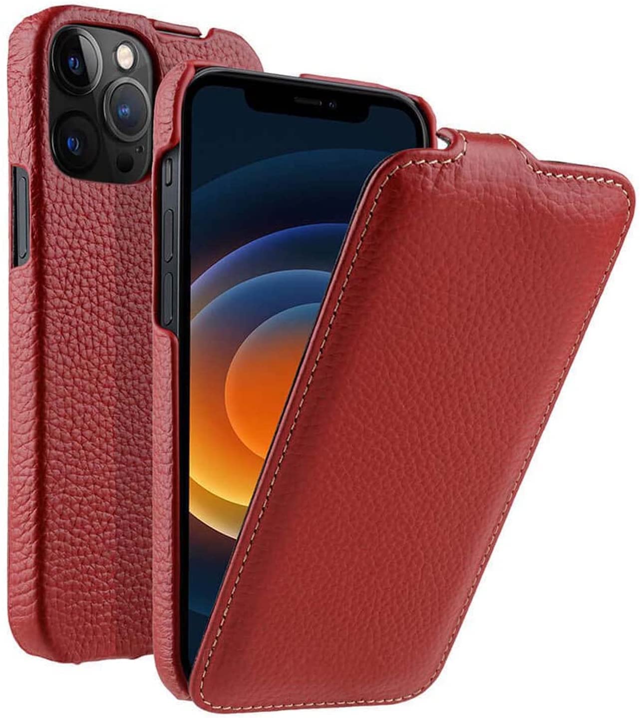 Étui de téléphone vertical en cuir véritable rouge pour iPhone 13