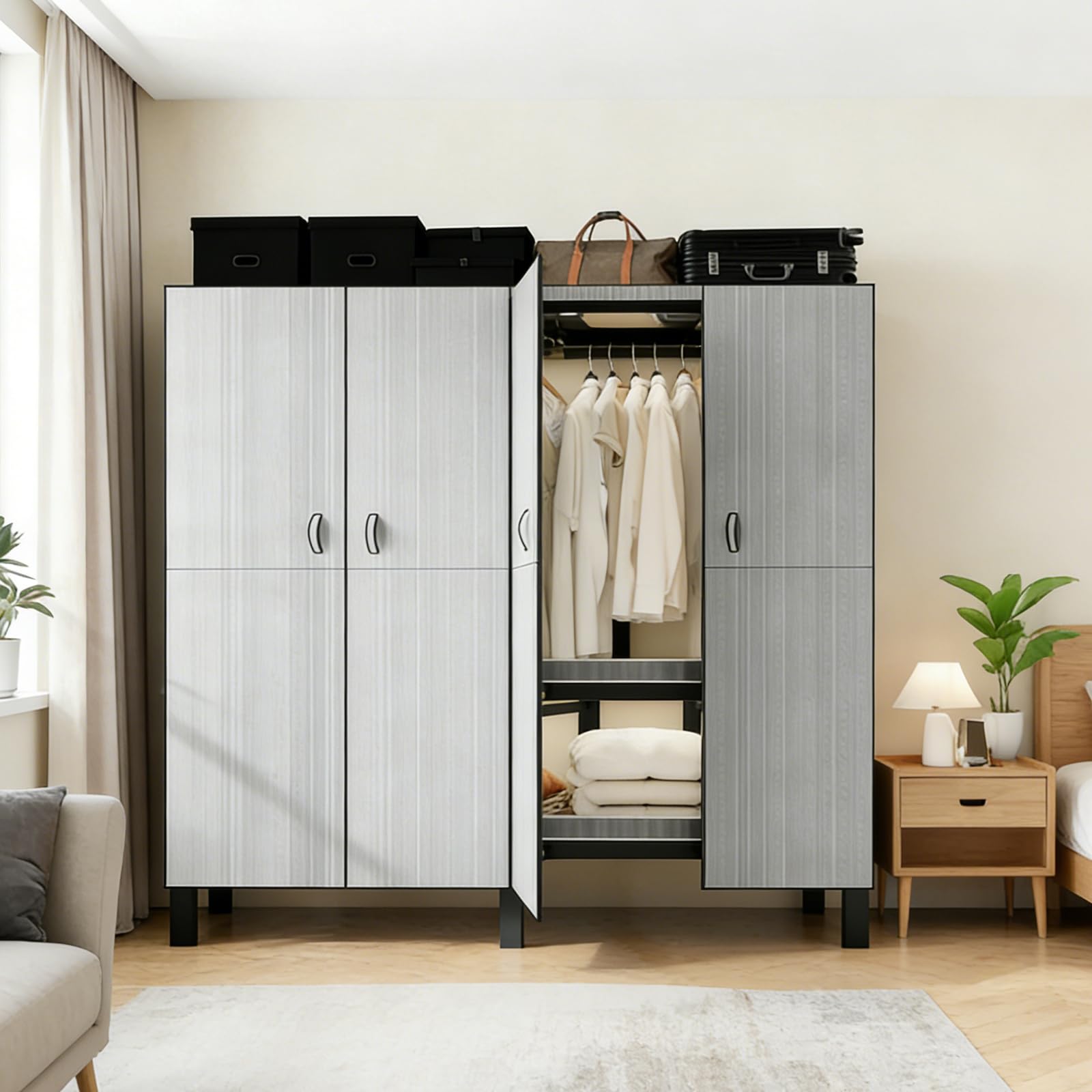 Armario metálico Plegable, sin Necesidad de Montaje, con Cierre magnético de Alta Resistencia, a Prueba de Polvo y Que Ahorra Espacio, Ideal para dormitorios y Apartamentos. (Gris, 150cm)