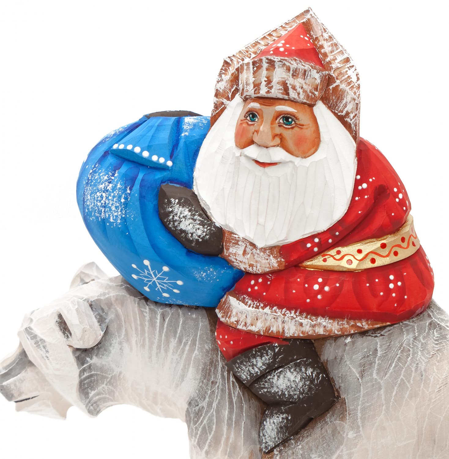 Figurine Père Noël Bleu Avec Ours Et Sac De Jouets - Déco Noël Originale 20,5 Cm