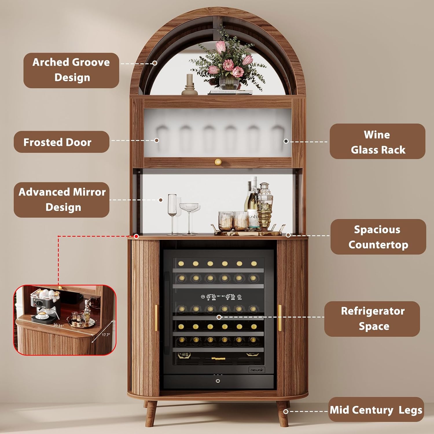 LVB Arched Bar Cabinet with Fridge Space, Mid-Century Fluted Coffee Bar Cabinet with Storage, 73" Tall Home Bar with LED Light, Wine Liquor Cabinet with Mirrored for Kitchen Dining Living Room, Walnut
