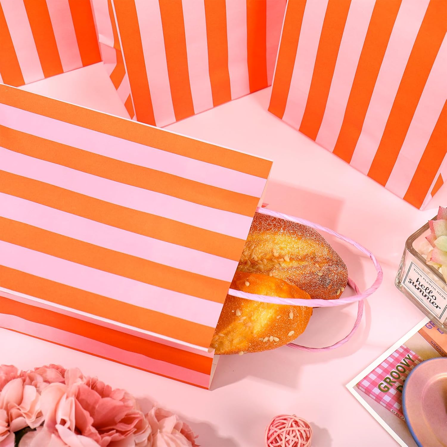 Whaline 36Pcs Pink Orange Stripe Paper Bag Treat Bags with Handles Candy Goodie Bags for Birthday Baby Shower Wedding Party Favors Supplies image 5
